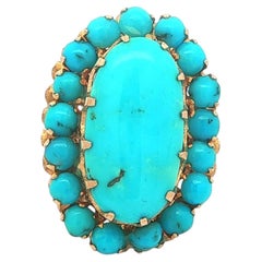 Vintage Handmade Yellow Gold Oval Natural Turquoise Halo Cocktail Ring