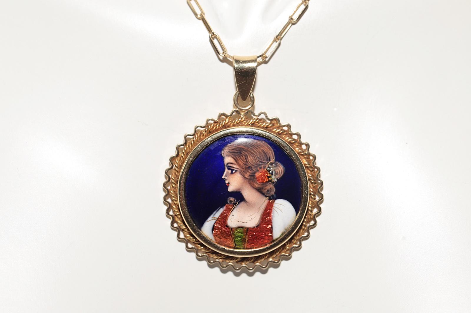 Collier à pendentifs en or 14k peint à la main et orné d'une dame Bon état - En vente à Fatih/İstanbul, 34