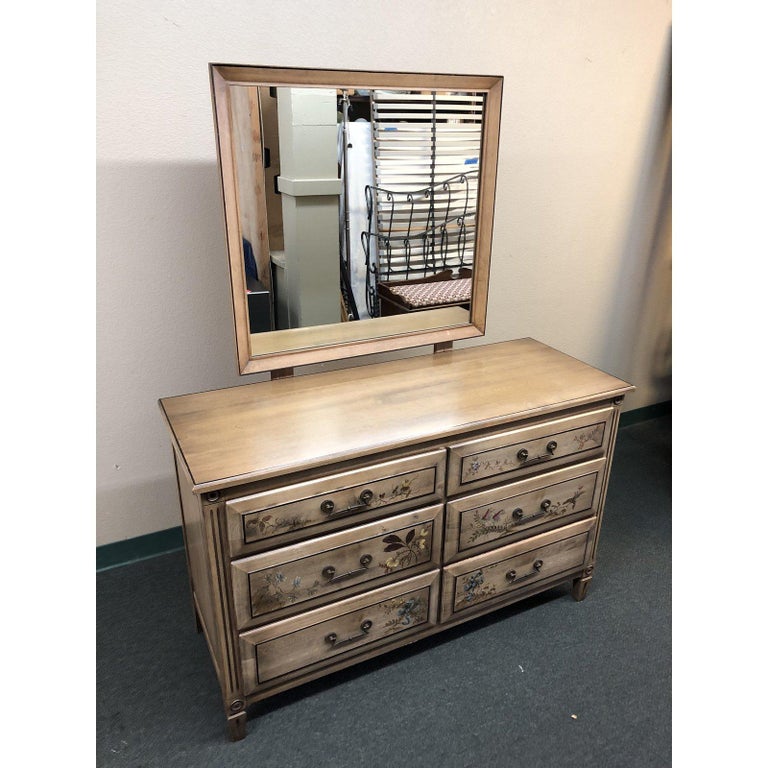 Vintage Hand Painted Dresser and Mirror, from Herald Furniture For Sale