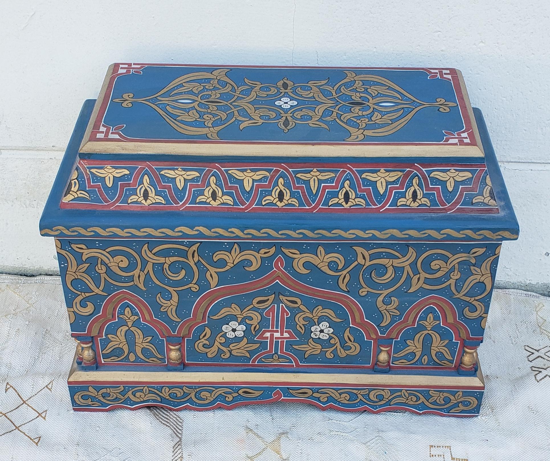 hand painted and hand carved throughout, this one of a kind trunk is the perfect accessory to use anywhere in your home or office. Meticulous work all around this beautiful piece of art. Measuring approximately 16.5? long and 11.5