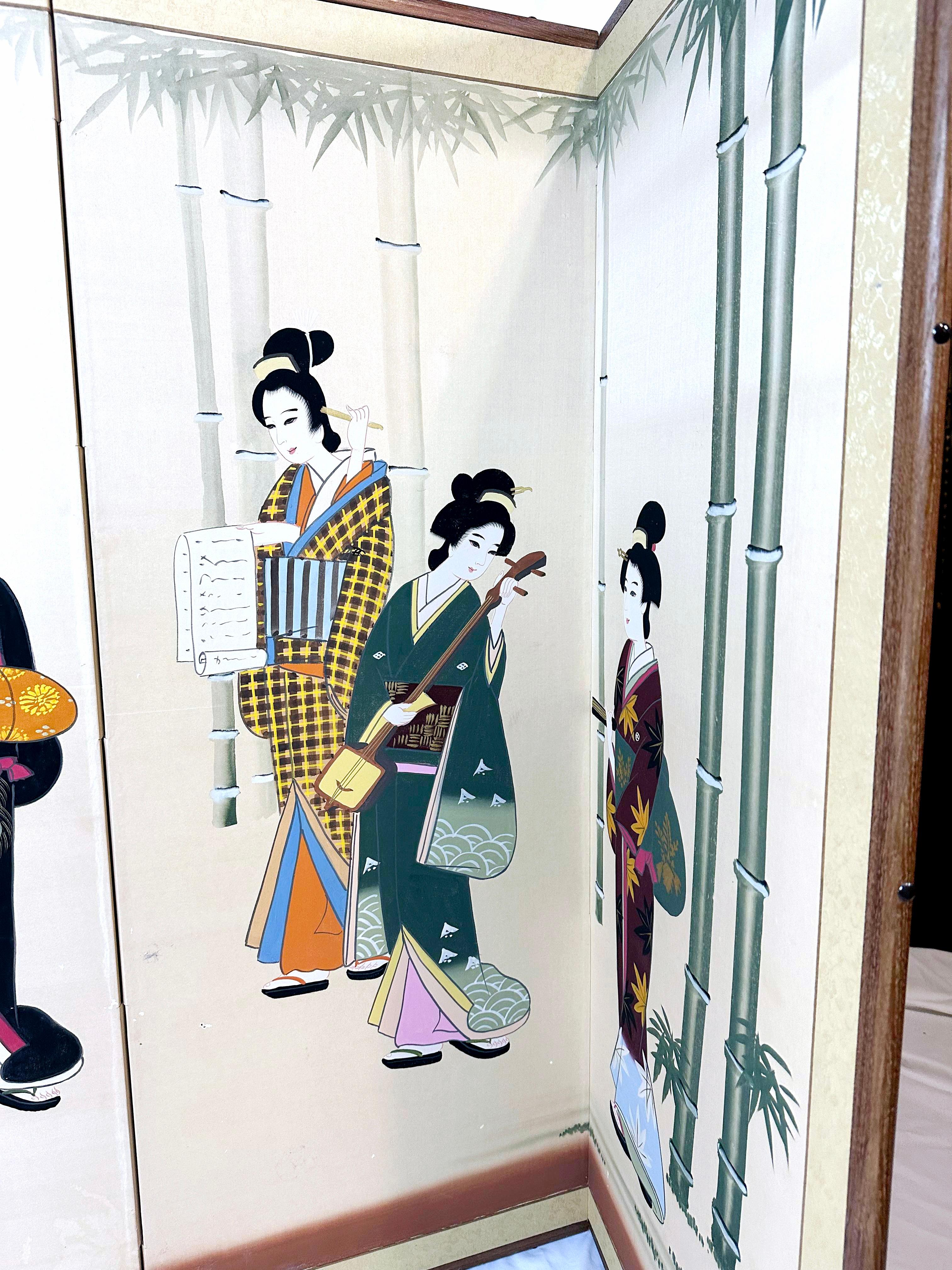 Handbemalter japanischer Geisha-Raumteiler aus Seide aus Seide mit Reispapierrückseite, Vintage im Angebot 5