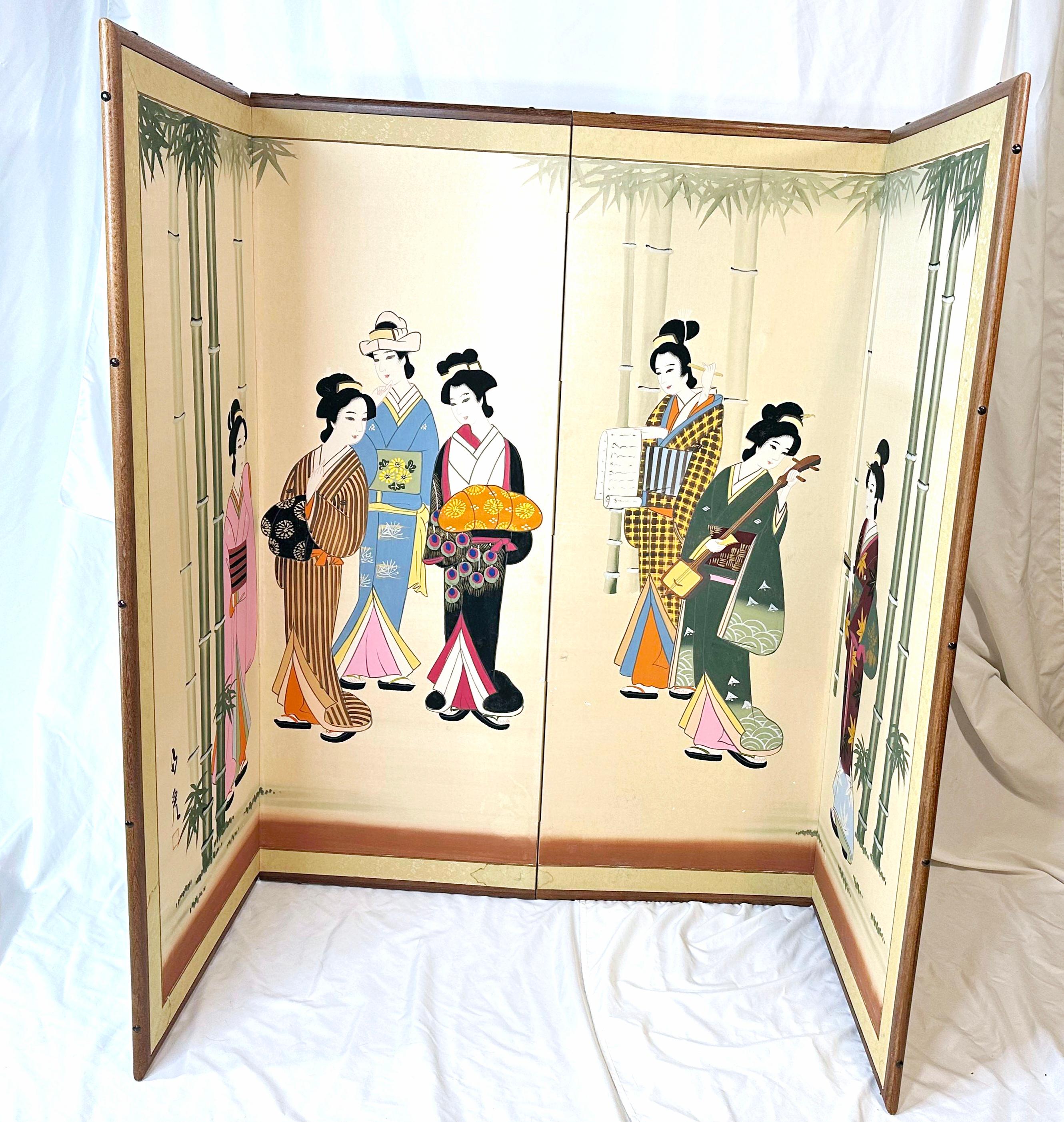 1960-1970s
Hand painted silk.
Rice paper backing. 
Made in Japan. 
Six colorful Geisha surrounded by bamboo trees.
Little details, a shamisen, or Japanese guitar, a rice paper scroll, a Geisha carrying a kimono, or hikizuri. 
Some are holding a
