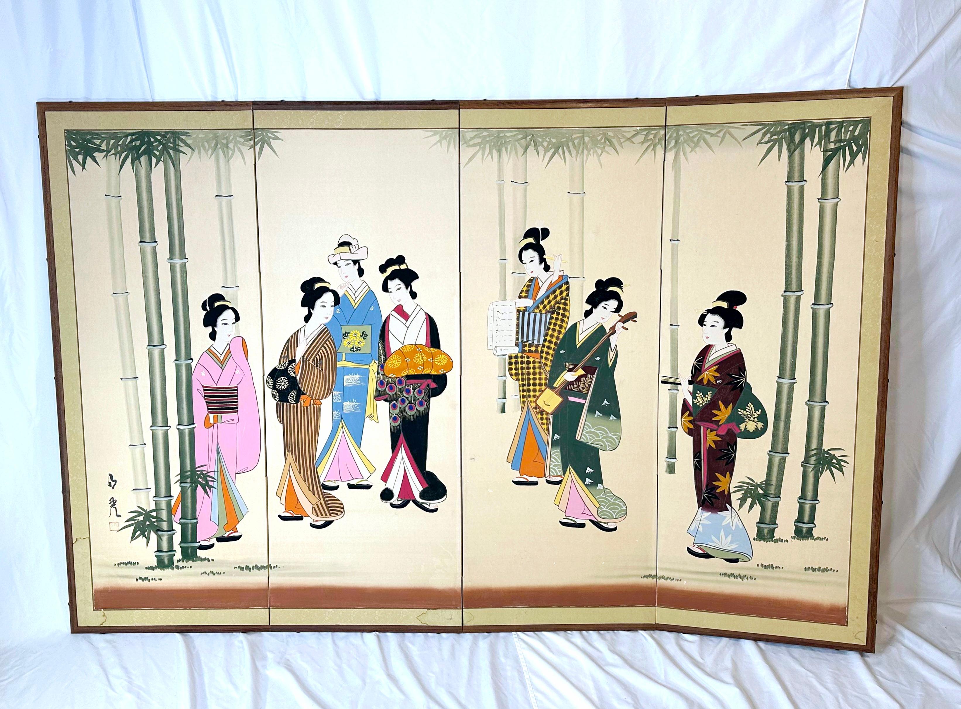 Edo Vintage Handpainted Silk Japanese Geisha Screen With Ricepaper Backing For Sale