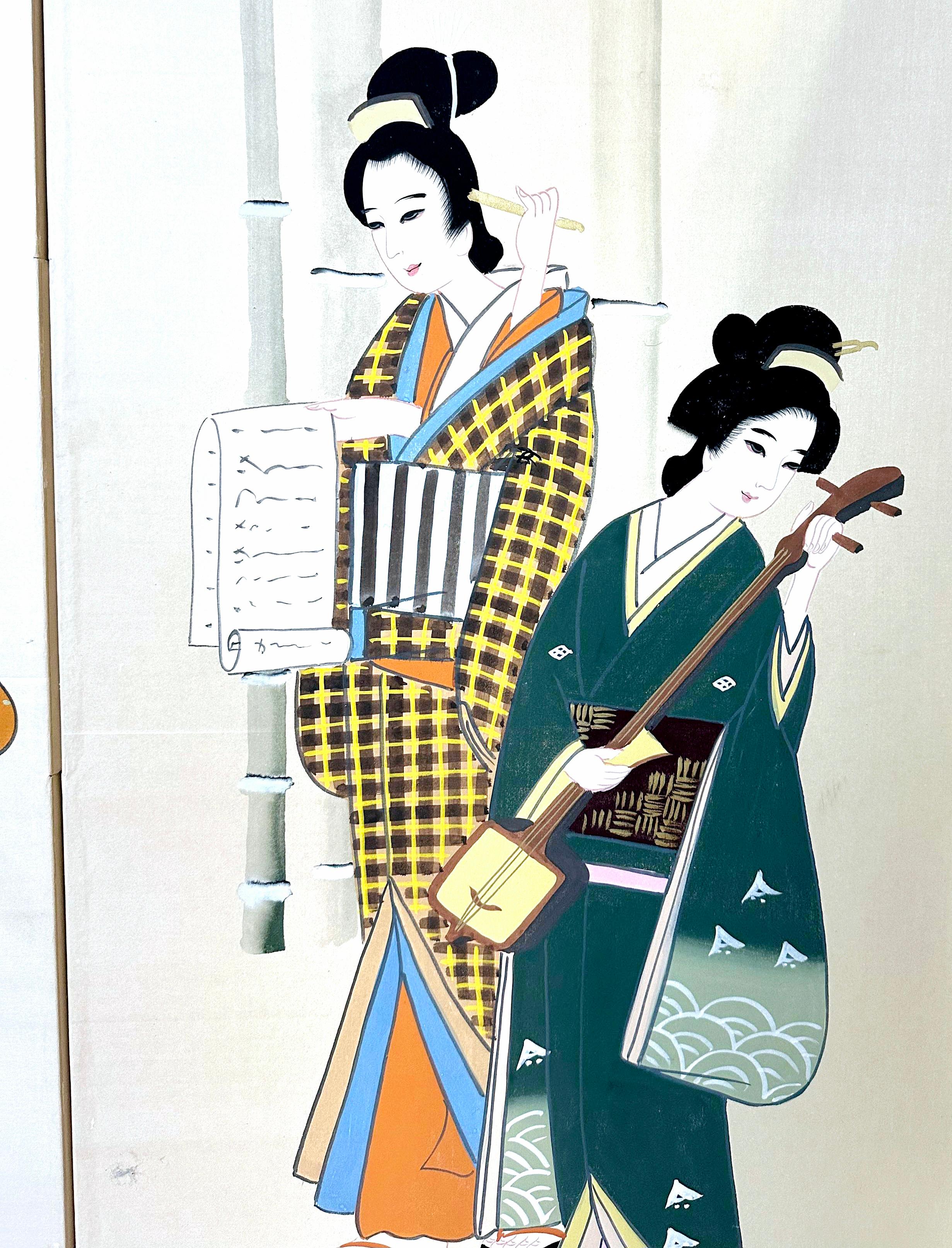 Hand-Painted Vintage Handpainted Silk Japanese Geisha Screen With Ricepaper Backing For Sale