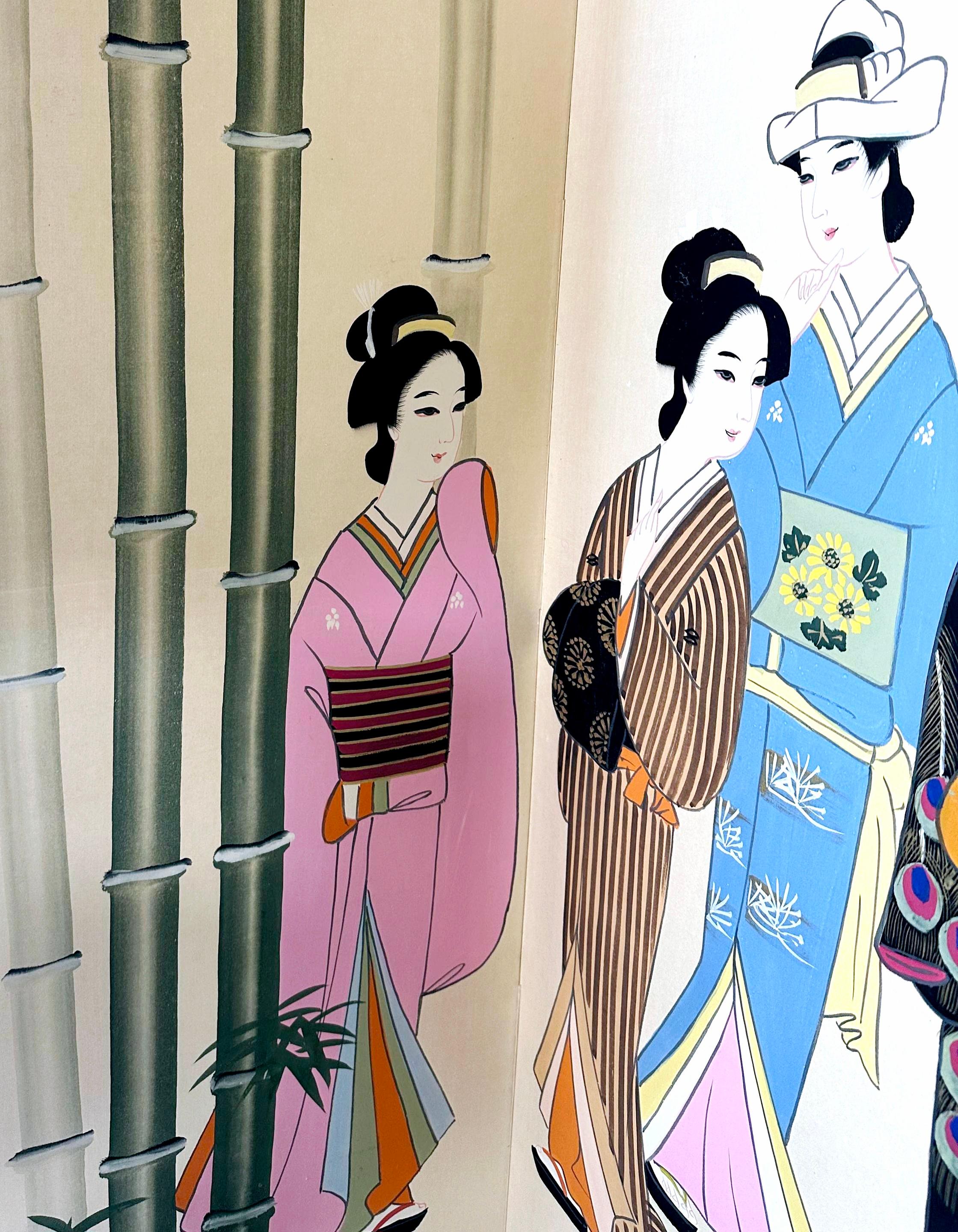Vintage Handpainted Silk Japanese Geisha Screen With Ricepaper Backing In Fair Condition For Sale In Waxahachie, TX
