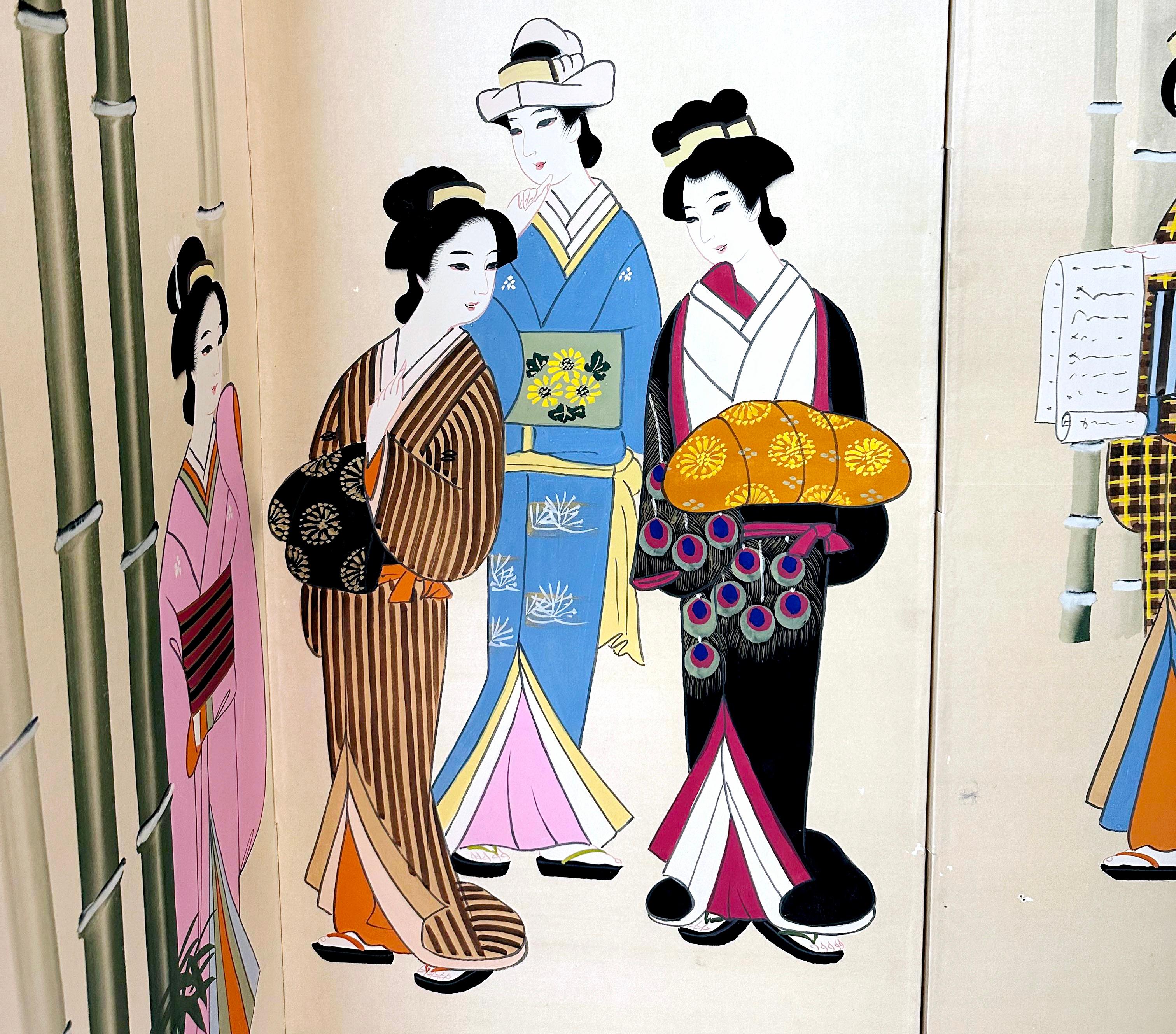 Late 20th Century Vintage Handpainted Silk Japanese Geisha Screen With Ricepaper Backing For Sale