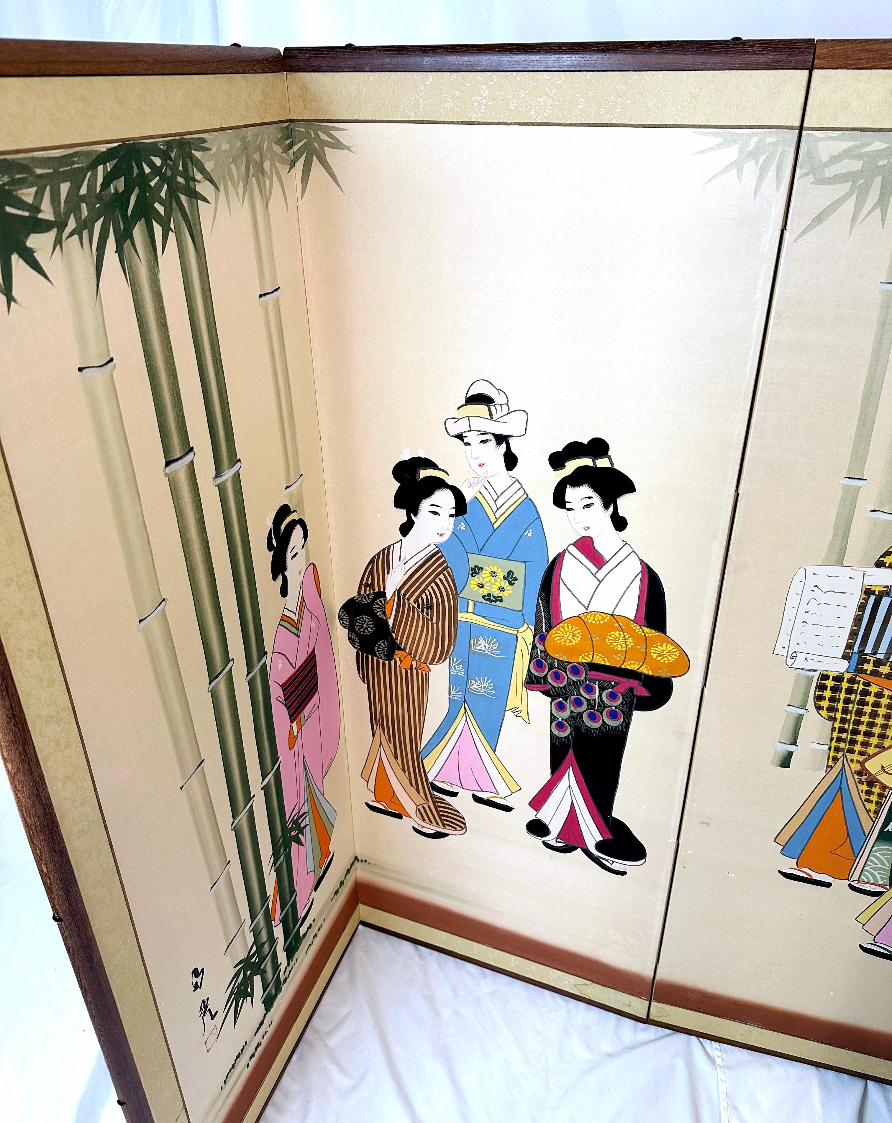 Vintage Handpainted Silk Japanese Geisha Screen With Ricepaper Backing For Sale 1