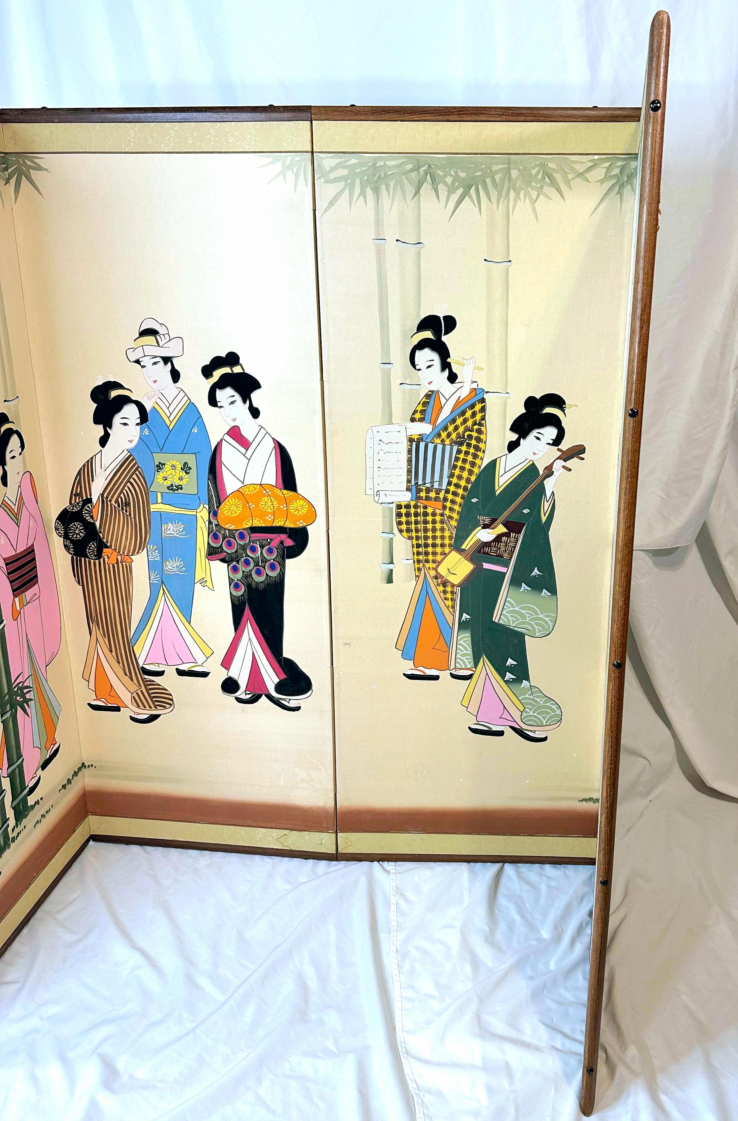Vintage Handpainted Silk Japanese Geisha Screen With Ricepaper Backing For Sale 3