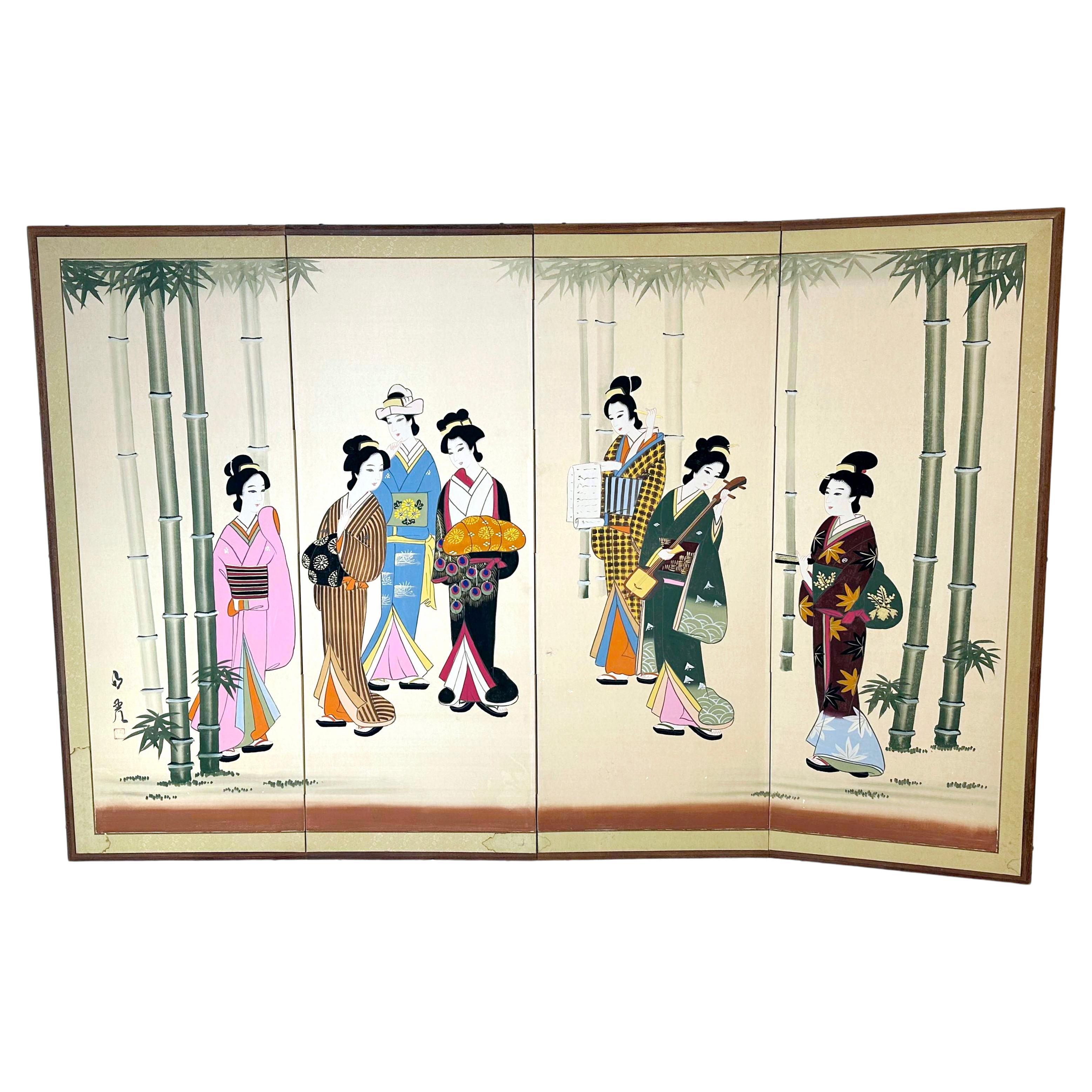 Vintage Handpainted Silk Japanese Geisha Screen With Ricepaper Backing For Sale