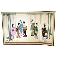 Retro Handpainted Silk Japanese Geisha Screen With Ricepaper Backing