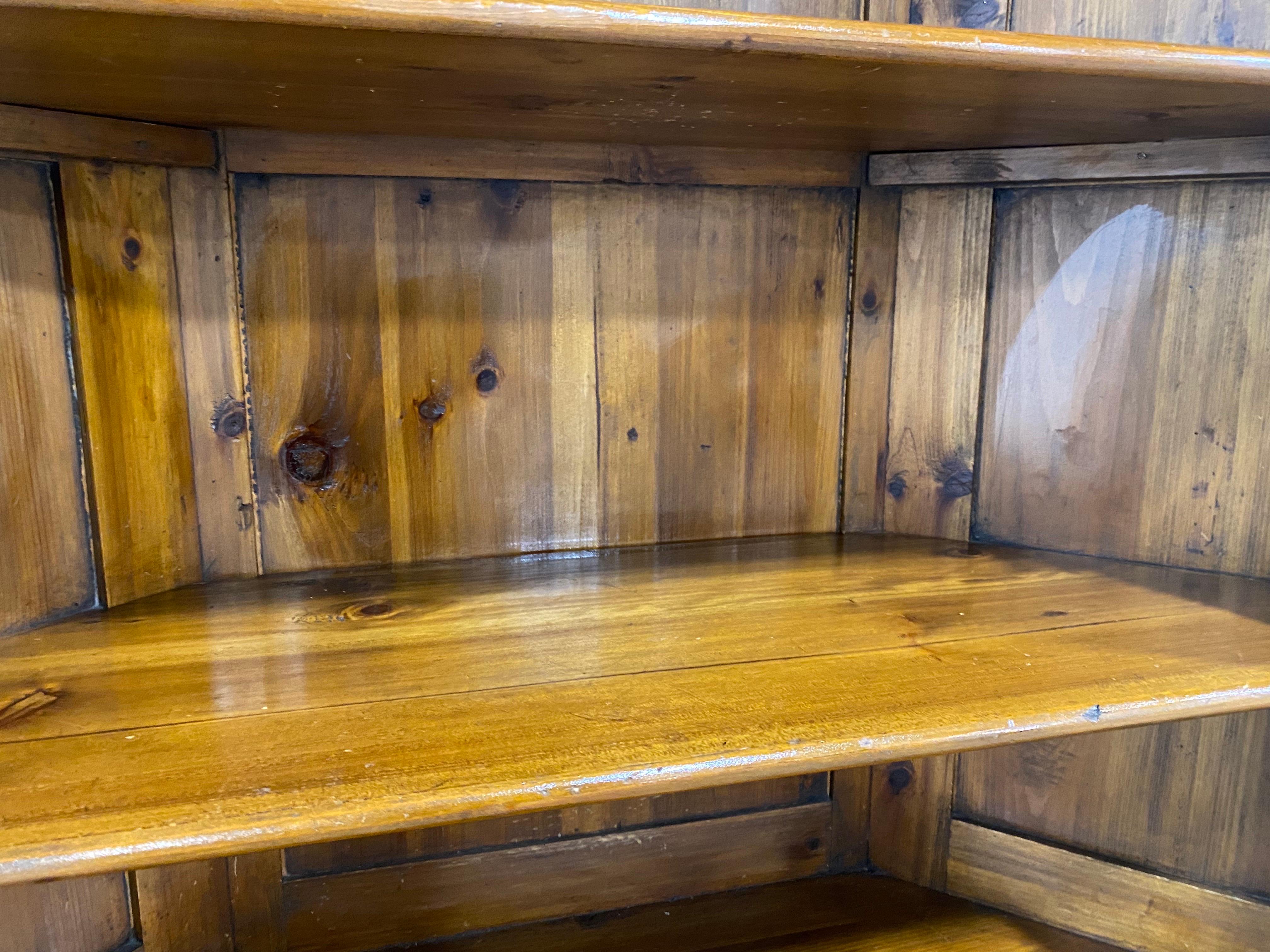 This is a handsome late 20th century vintage hard knotted pine Georgian style corner cabinet. This cabinet has an arched opening with classical columns and two doors at the bottom. The cabinet has a beautiful amber brown finish to the surface with