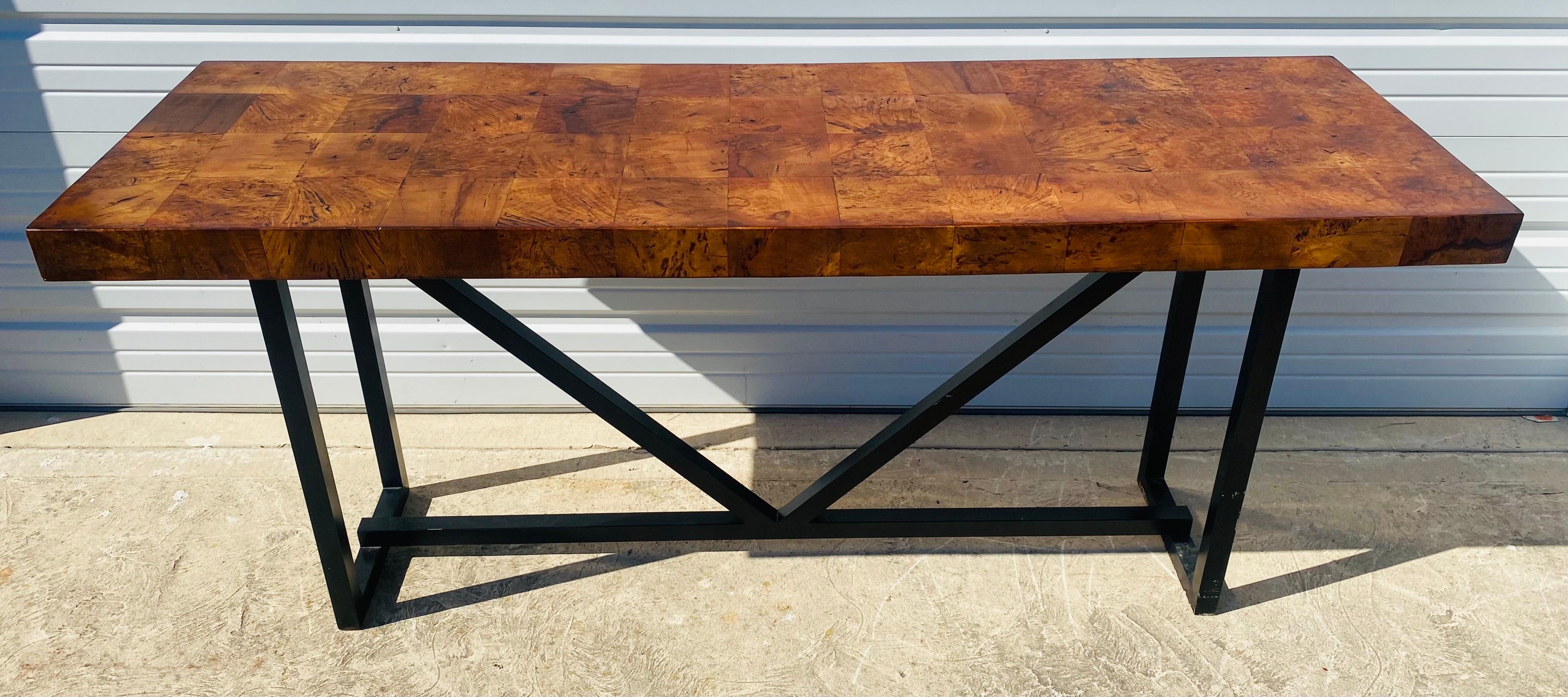 Hand-Crafted Vintage handsome industrial modern burled walnut console