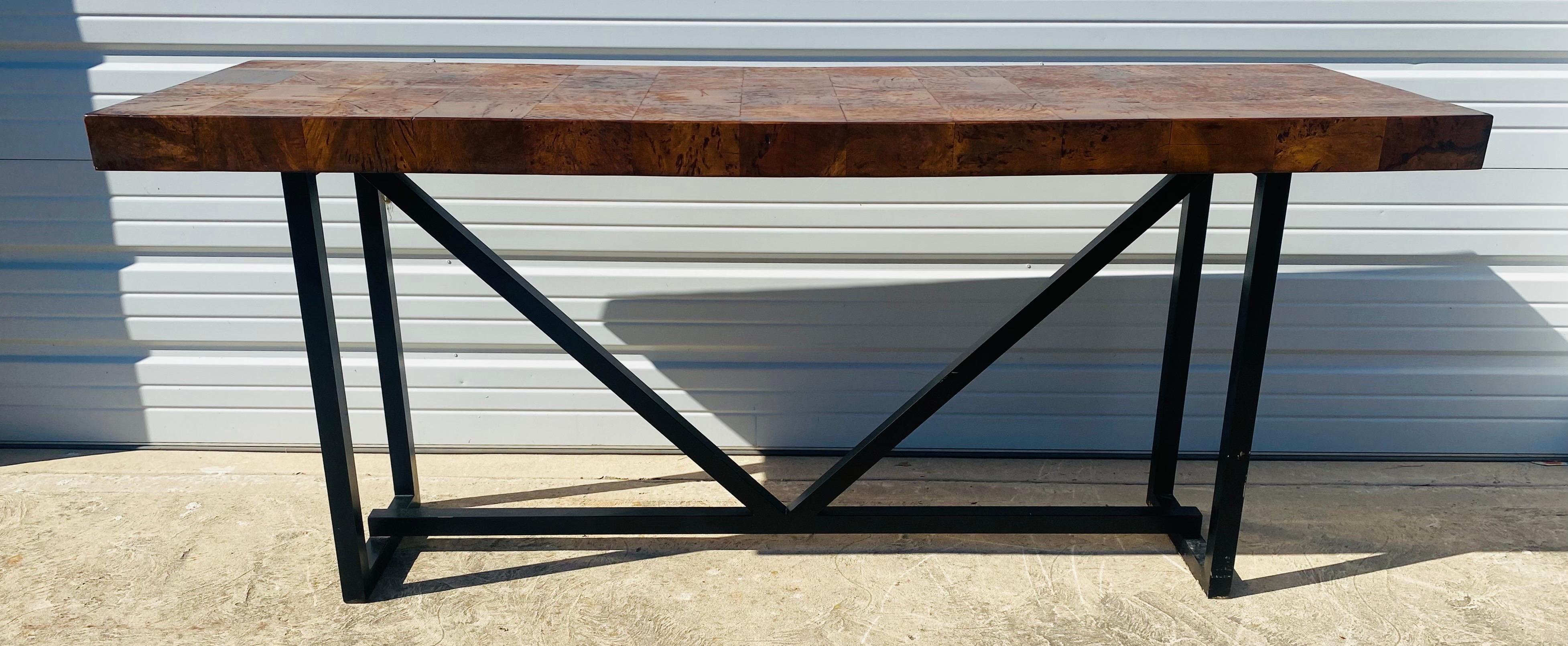 Wood Vintage handsome industrial modern burled walnut console