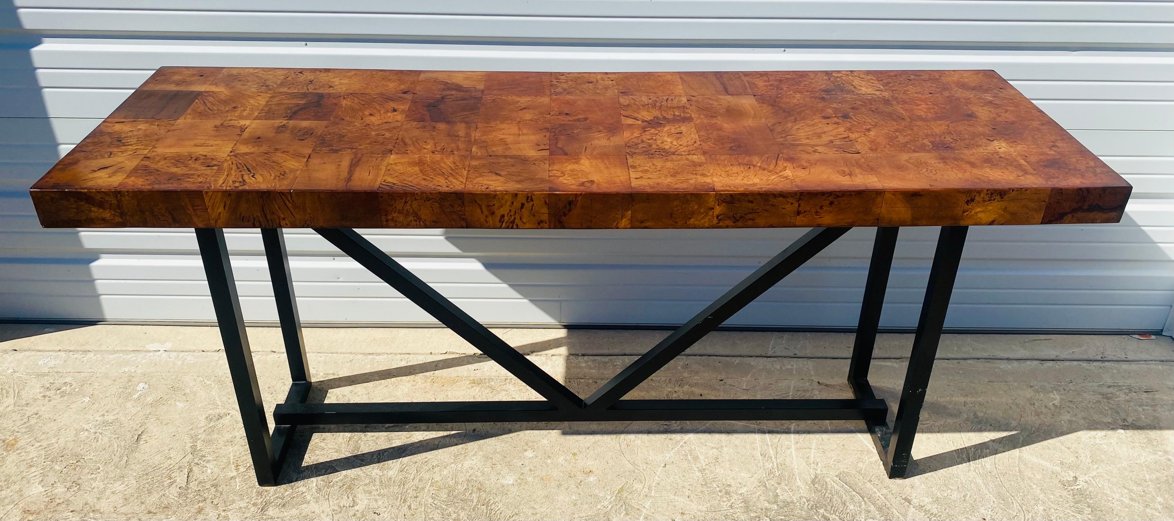 Vintage handsome industrial modern burled walnut console 1