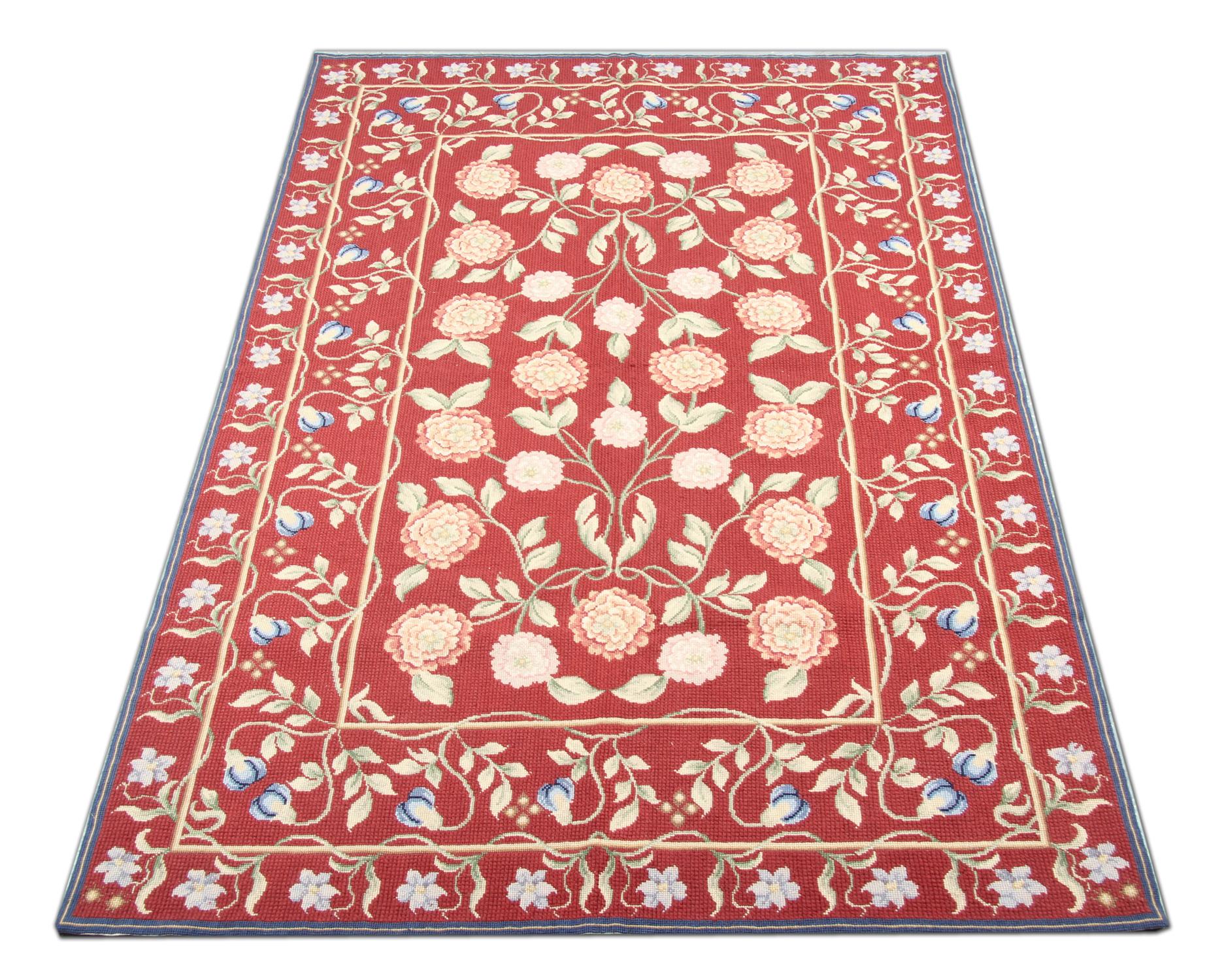 Chinese Vintage Handwoven Aubusson Style Area Rug Traditional Red Floral Rug For Sale