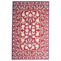 Vintage Handwoven Aubusson Style Area Rug Traditional Red Floral Rug