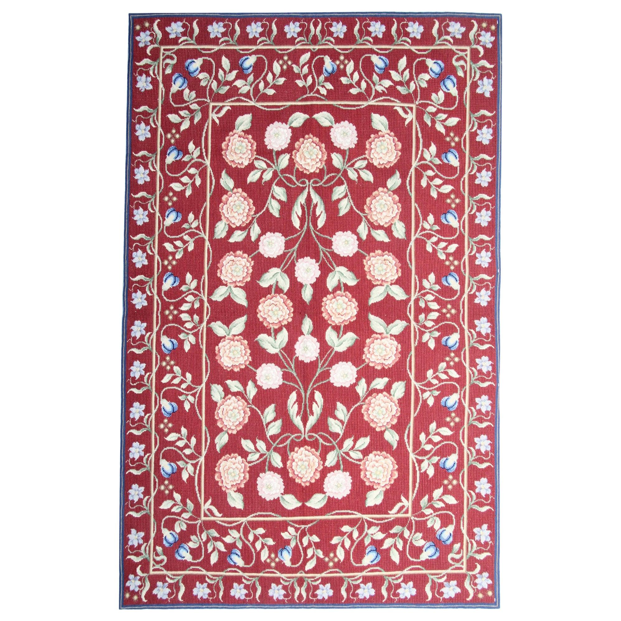 Vintage Handwoven Aubusson Style Area Rug Traditional Red Floral Rug For Sale