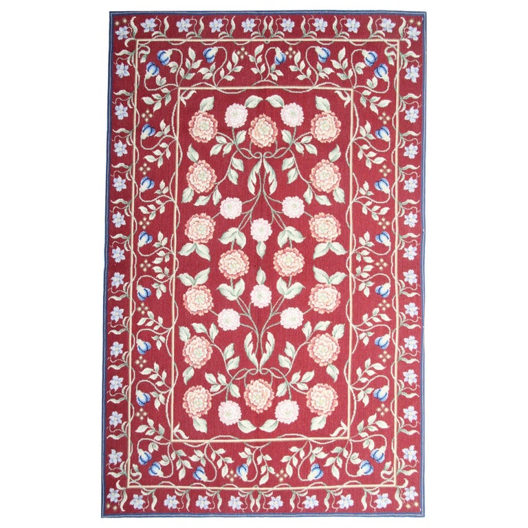 Red Reception Rug Vintage Handwoven Aubusson Style Area Rug Traditional Red Floral Rug ...