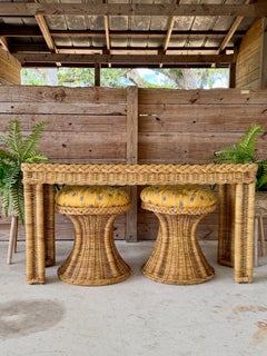Vintage Handwoven Braided Rattan Console Table Glass Insert