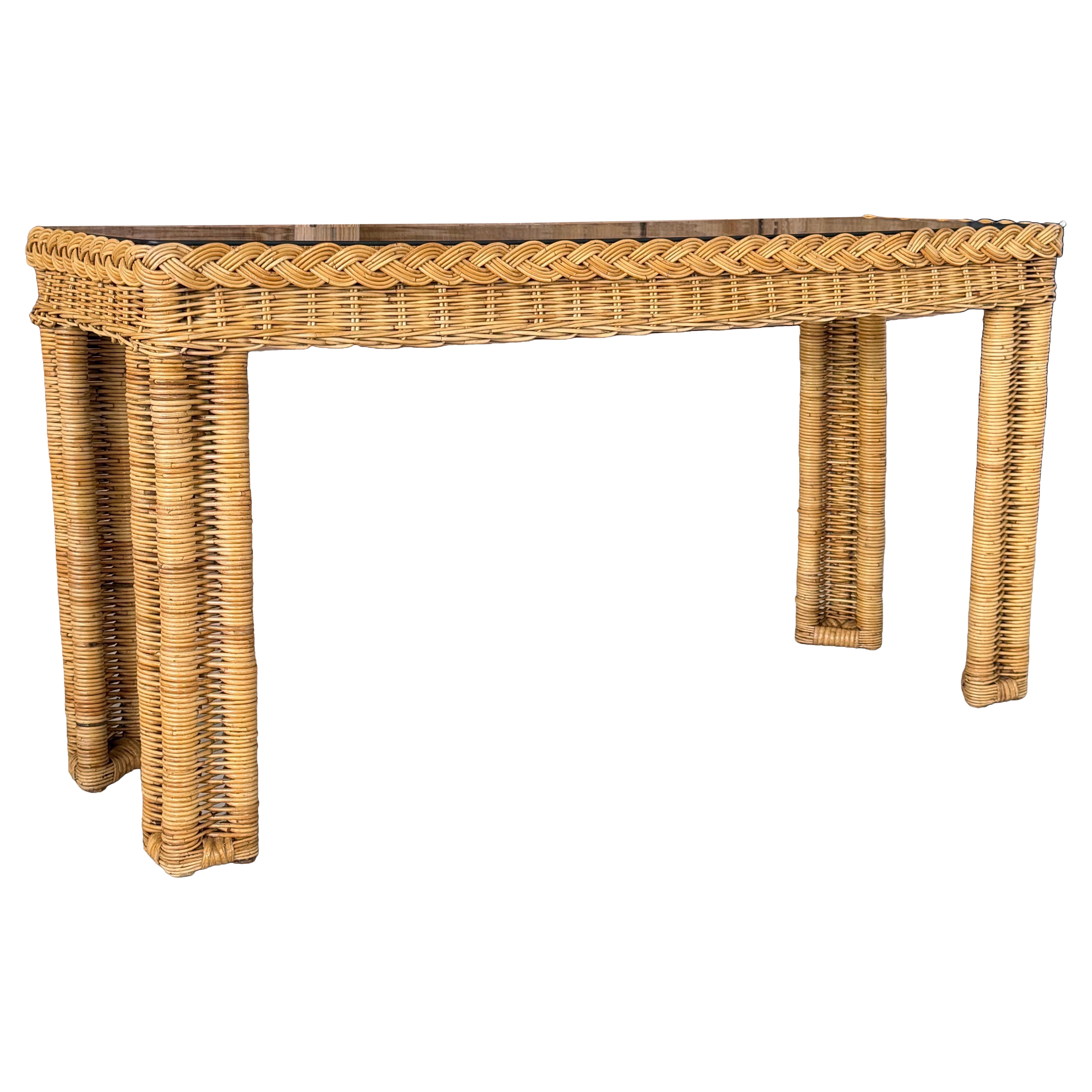Vintage Handwoven Braided Rattan Console Table Glass Insert