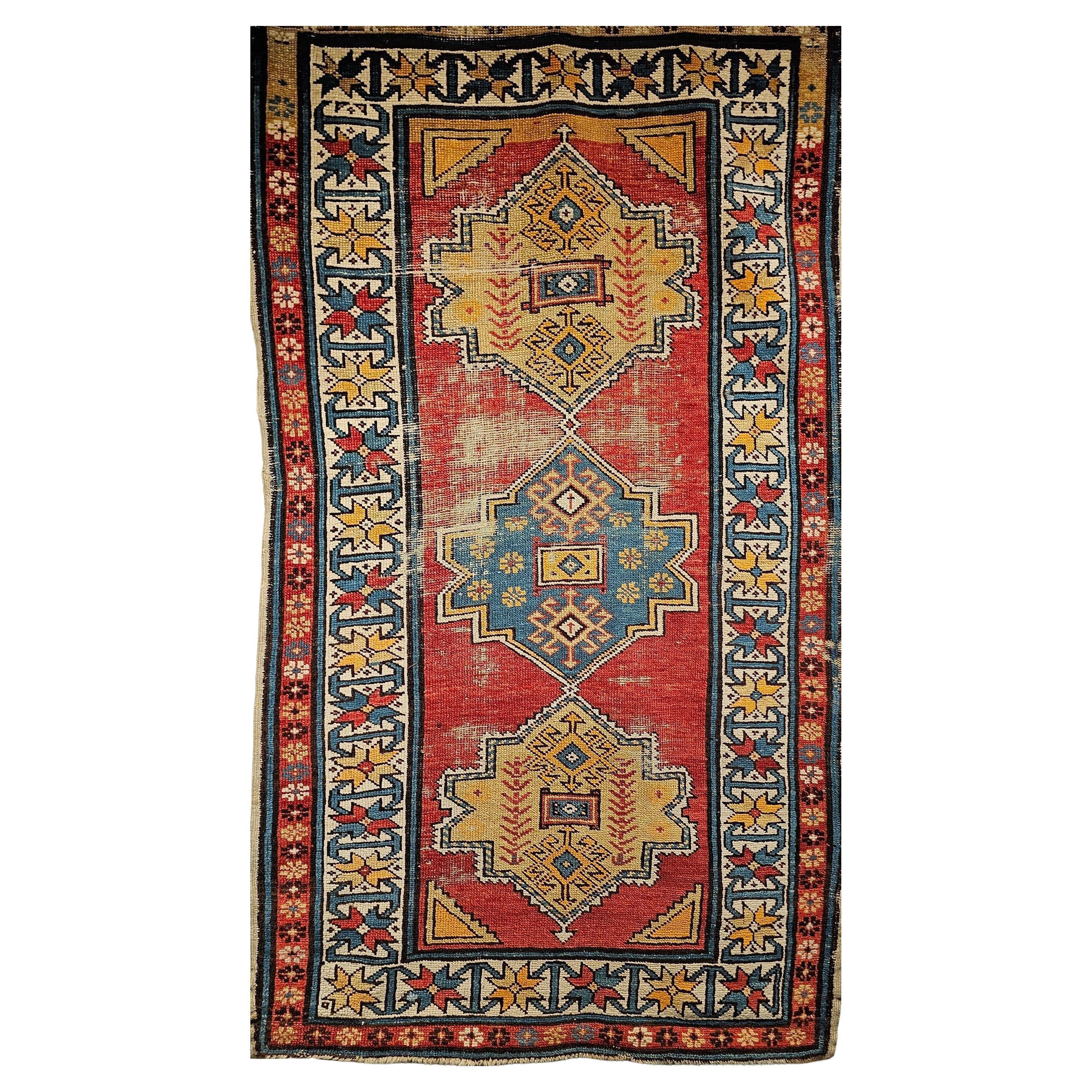 Vintage Handwoven Caucasian Kazak Rug, Geometric Pattern, Red & Ivory, 4' x 7' For Sale