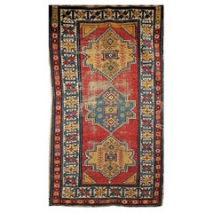 Tappeto Kazak caucasico vintage tessuto a mano, motivo geometrico, rosso e avorio, 4' x 7'