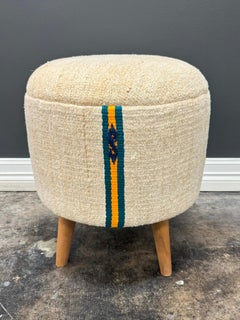 Vintage Handwoven Hemp Pouf Beige & Teal 1960s