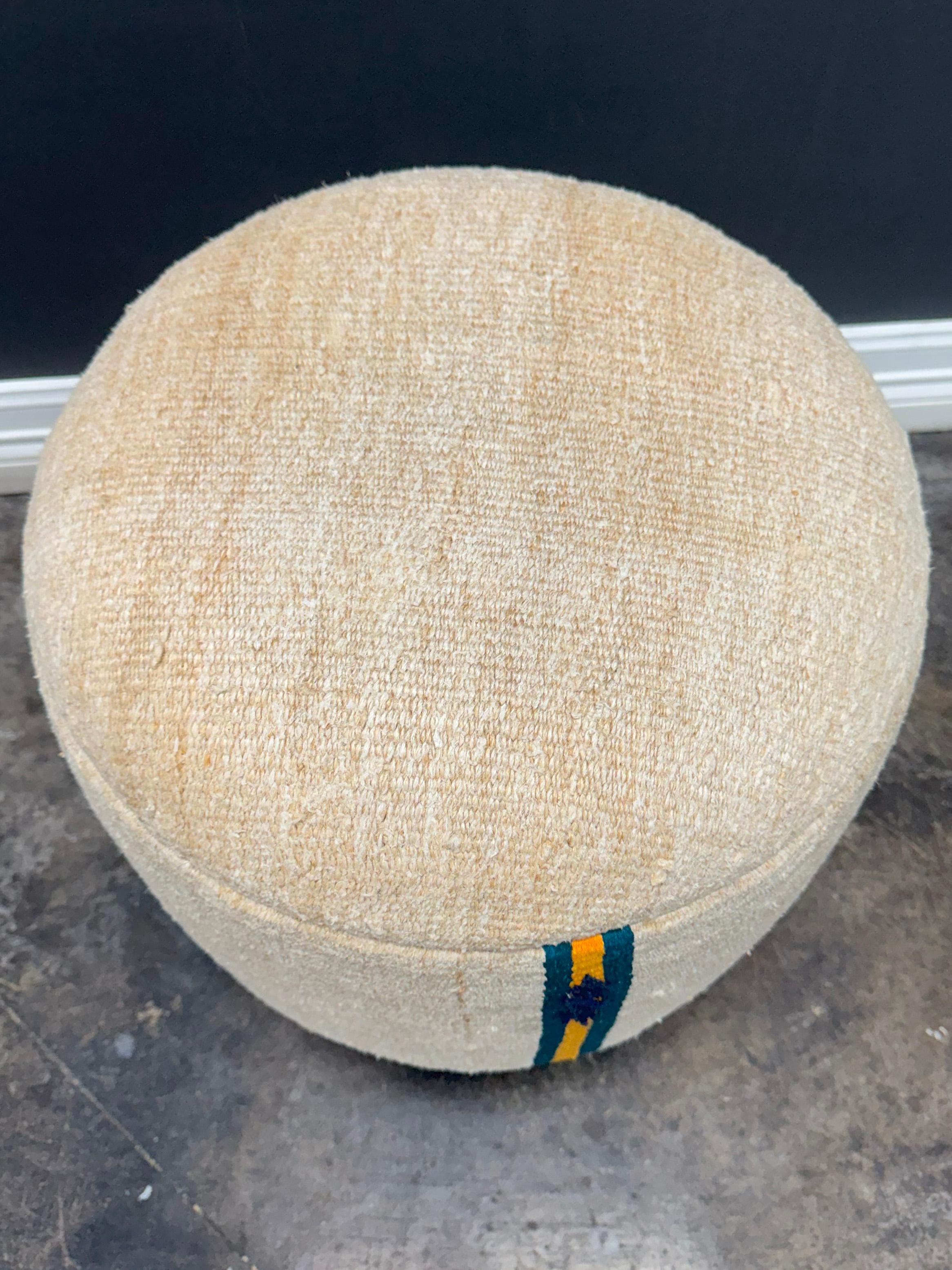 Bohemian Vintage Handwoven Hemp Pouf Beige & Teal 1960s