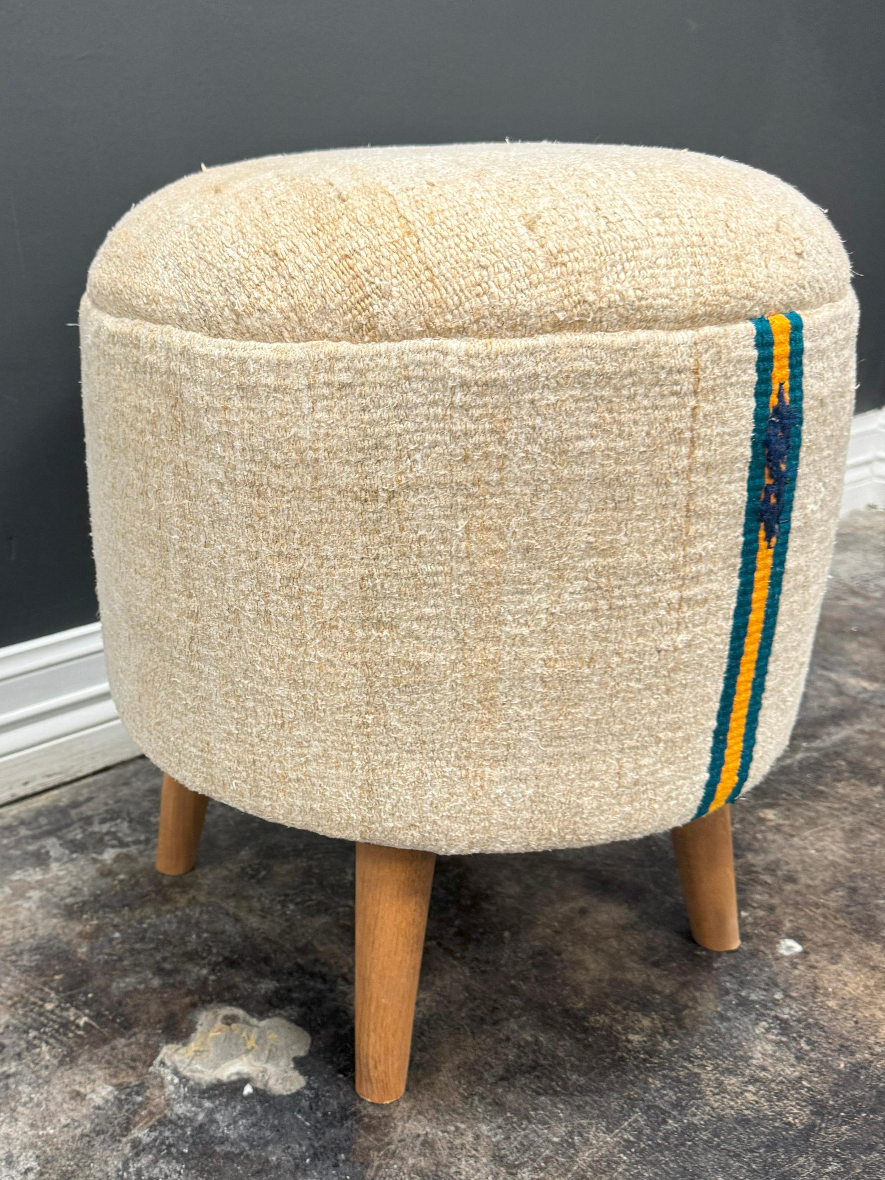 Hand-Woven Vintage Handwoven Hemp Pouf Beige & Teal 1960s