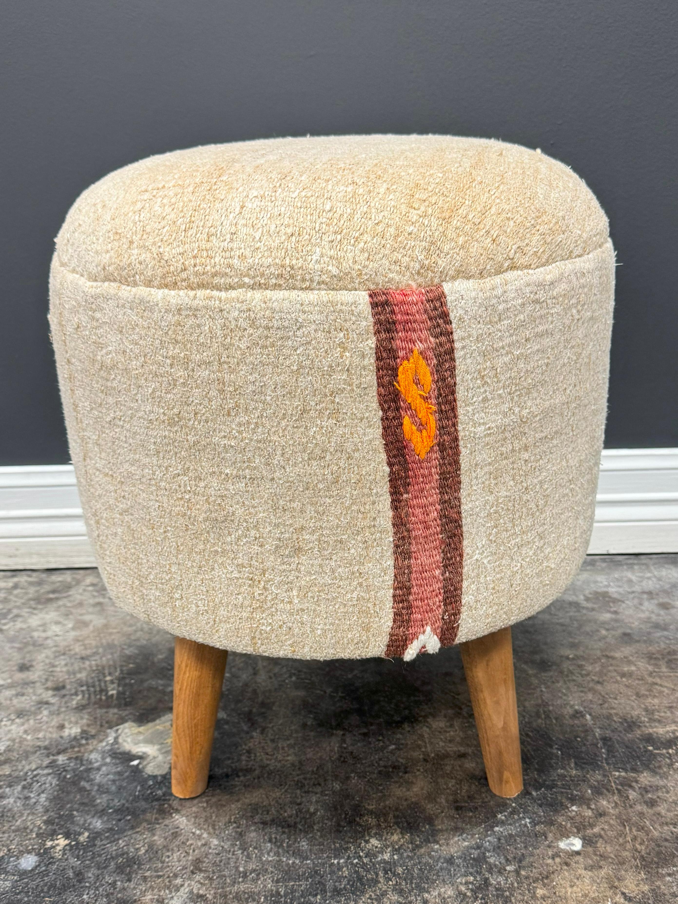 Vintage Handwoven Hemp Pouf Beige & Teal 1960s In Excellent Condition In Houston, TX