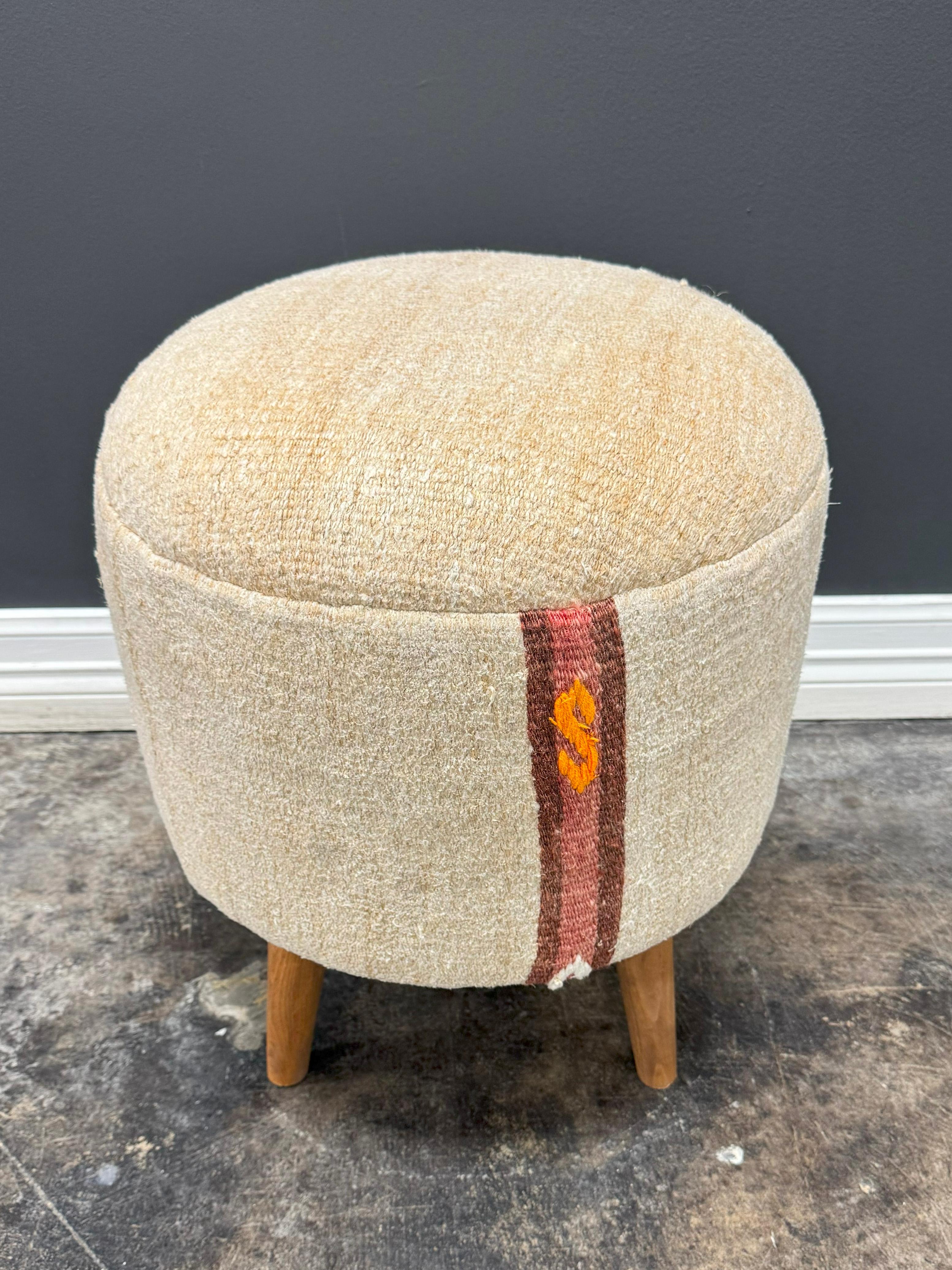 Mid-20th Century Vintage Handwoven Hemp Pouf Beige & Teal 1960s