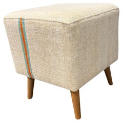Vintage Handwoven Hemp Pouf Beige & Teal 1960s