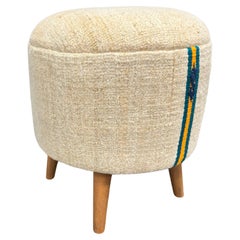 Vintage Handwoven Hemp Pouf Beige & Teal 1960s