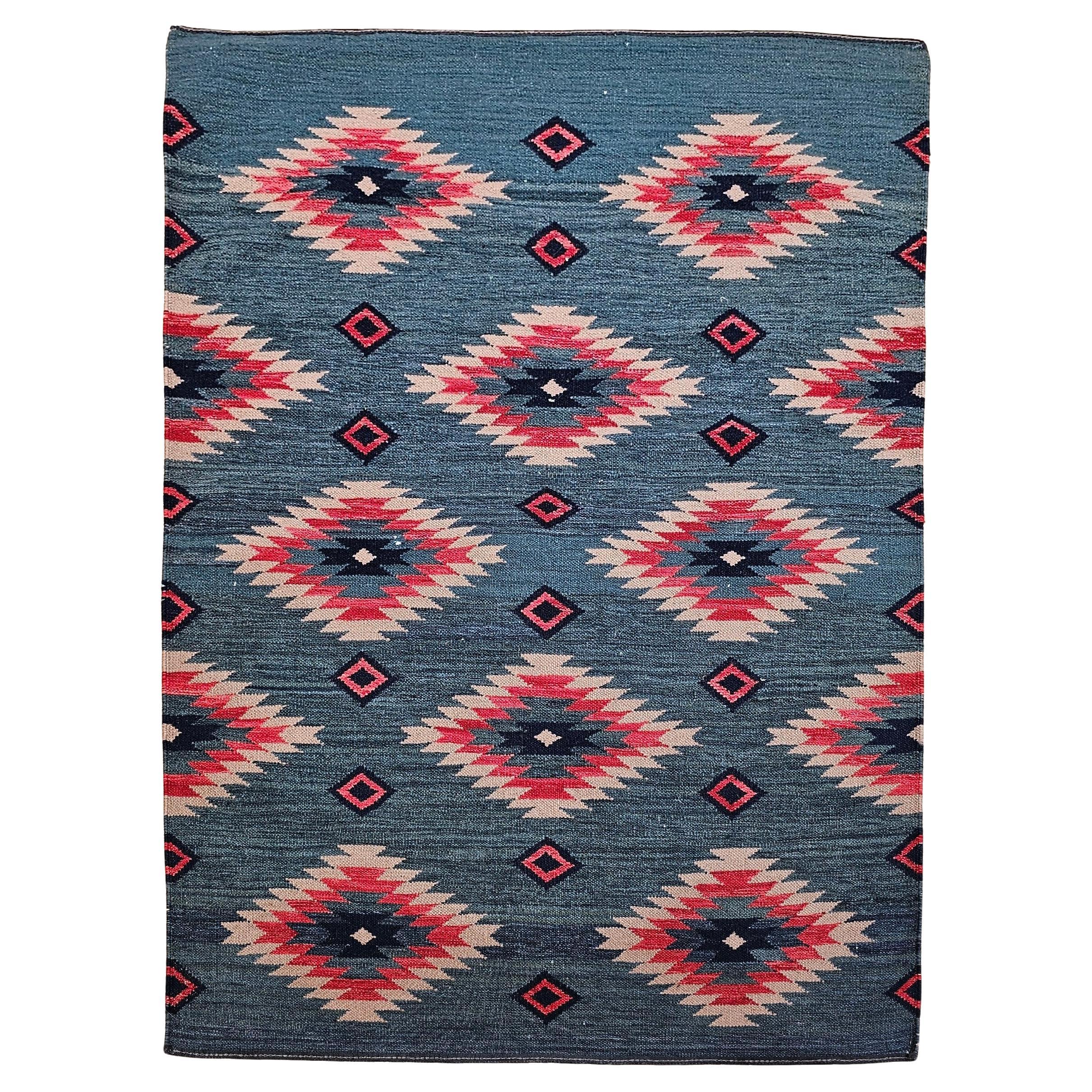 Vintage Southwestern Kilim Rug, Flat-Woven Wool, Geometric Pattern, Green & Red
