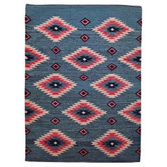 Vintage Southwestern Kilim Rug, Flat-Woven Wool, Geometric Pattern, Green & Red