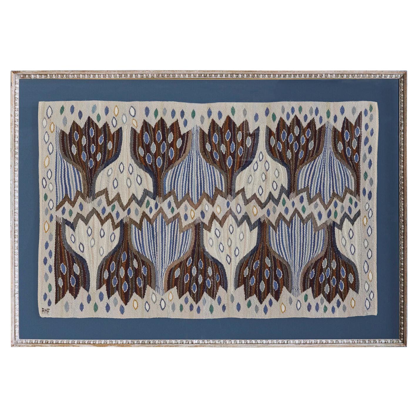 Vintage Handgewebte Märta Måås-fjetterström Wandteppich "Krokus:: Blau":: Schweden 1940er Jahre