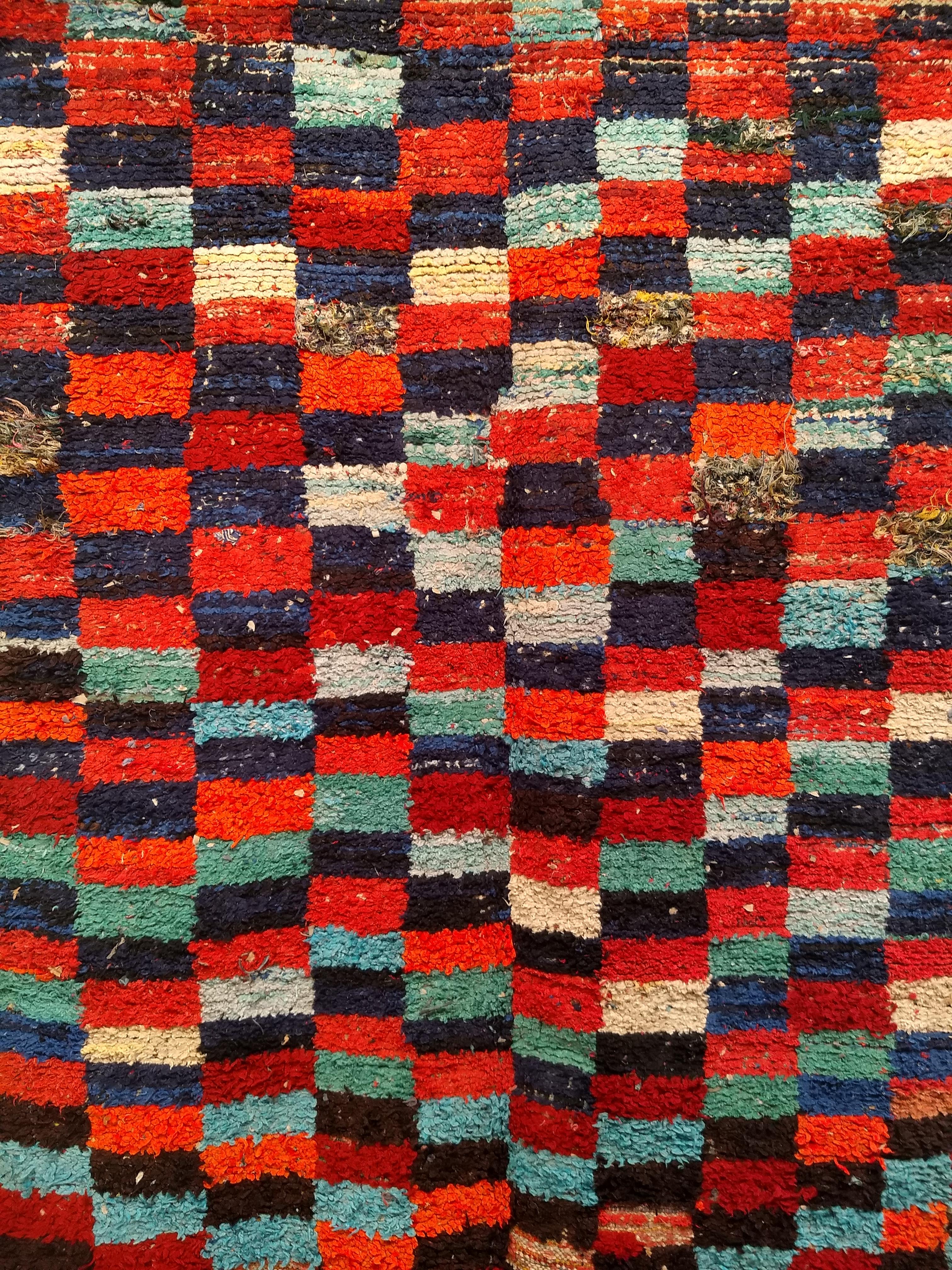 Vintage Handwoven Moroccan Boucherouite Shag Rug in Aqua Blue, Navy, Red, Orange For Sale