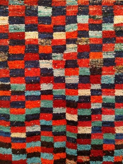 Vintage Handwoven Moroccan Boucherouite Shag Rug in Aqua Blue, Navy, Red, Orange