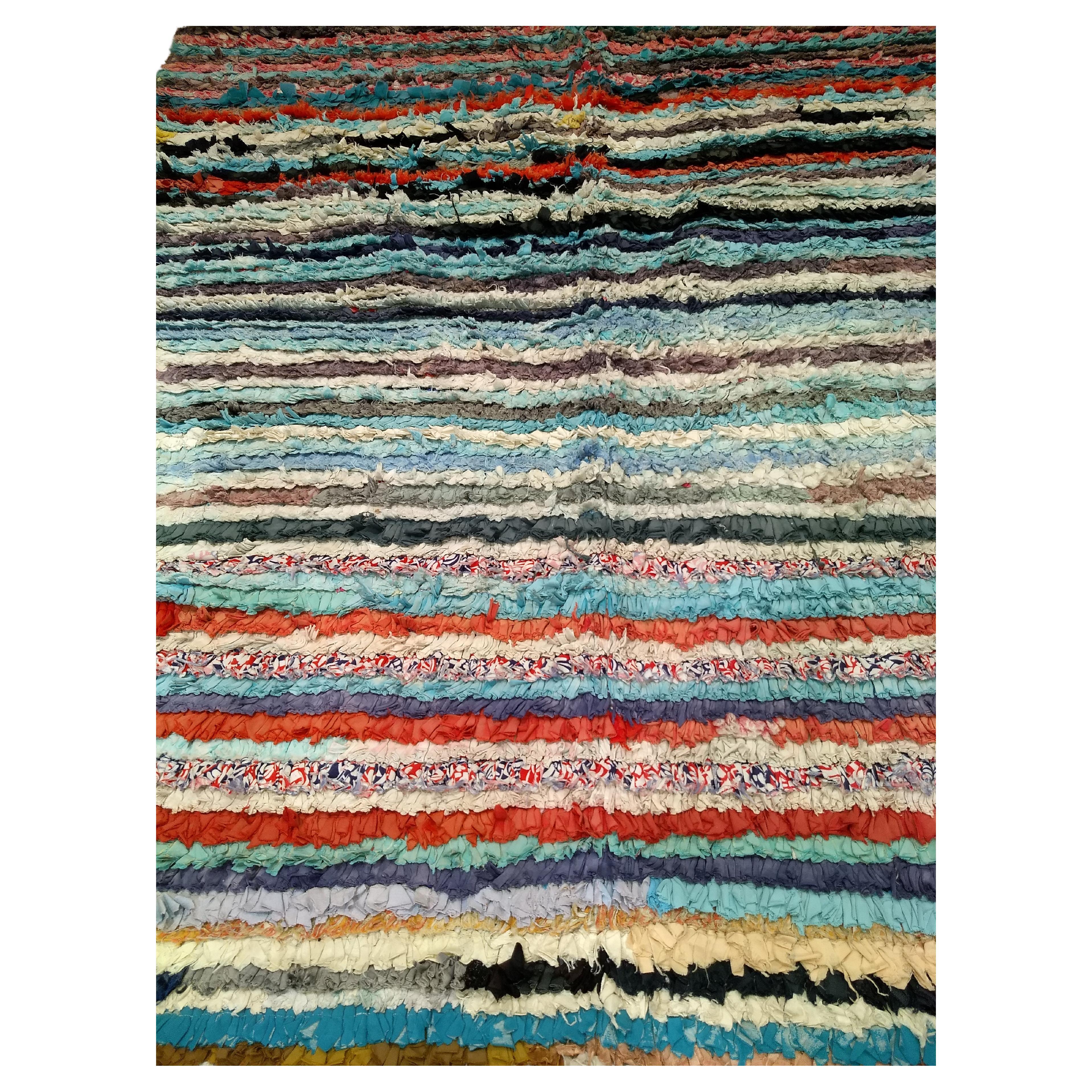 Vintage Handwoven Moroccan Boucherouite Shag Rug in Blue, Pink, Yellow, Green