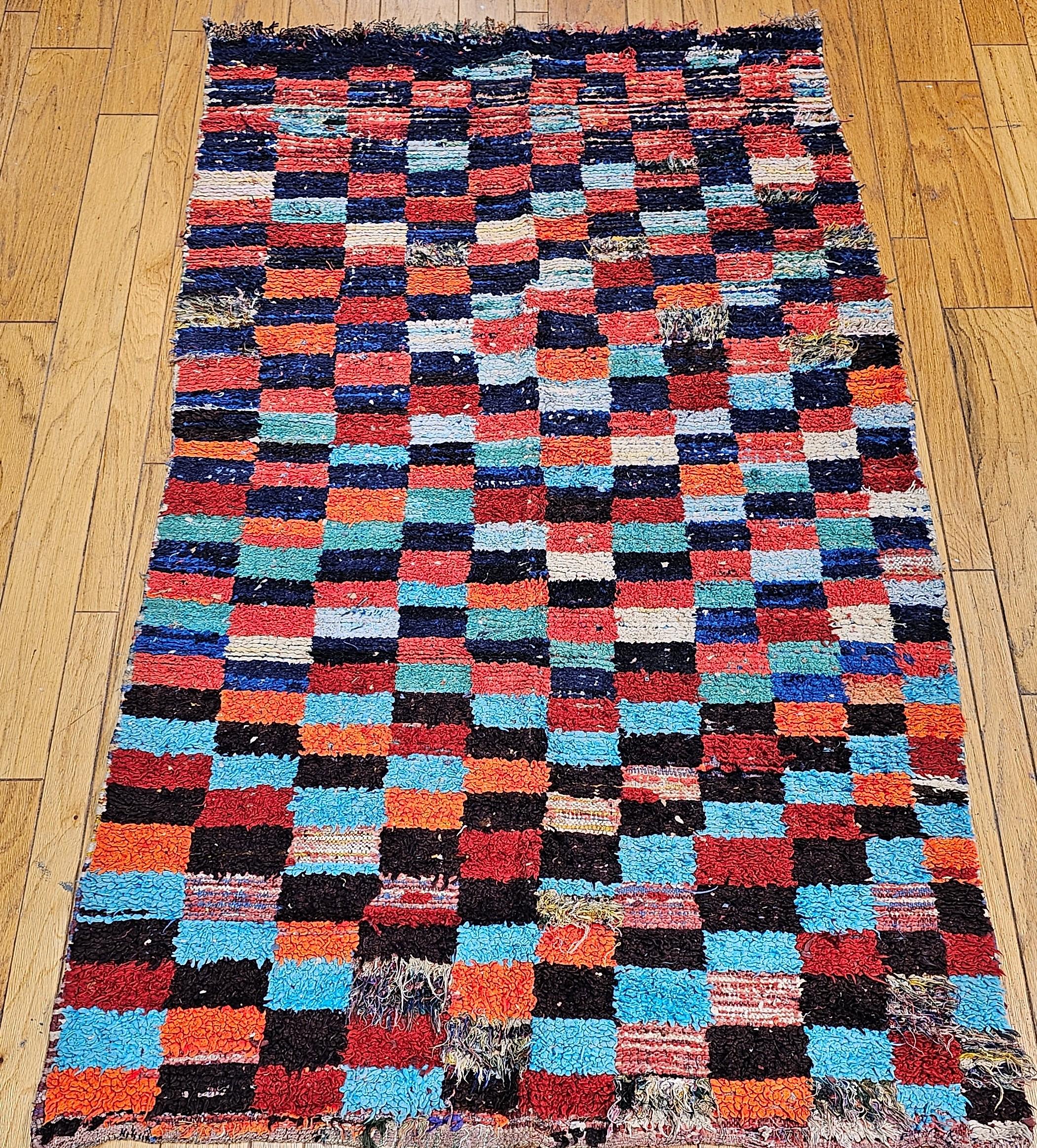 Hand-Knotted Vintage Handwoven Moroccan Boucherouite Shag Rug in Checkered Pattern in Blue For Sale