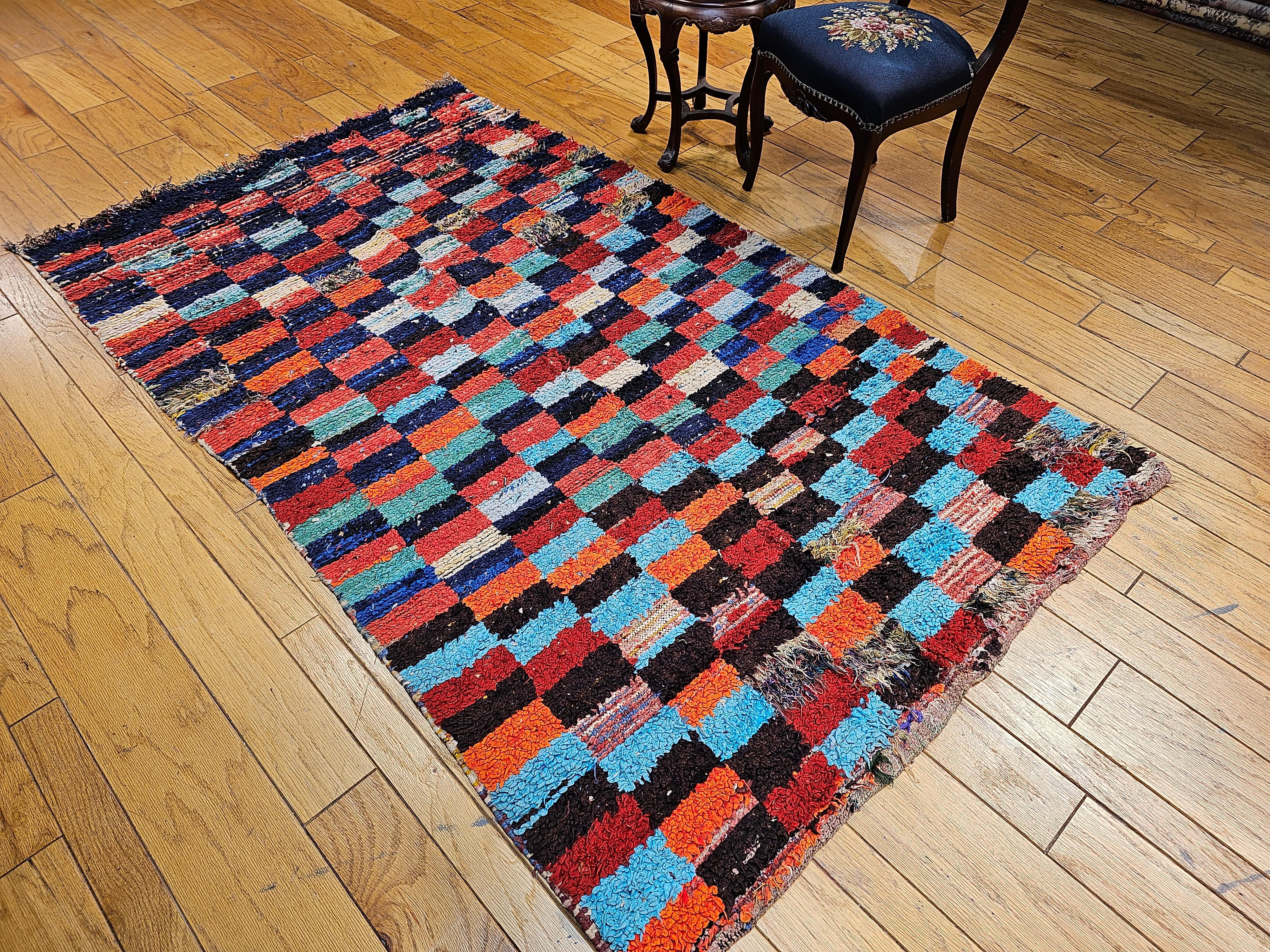 Vintage Handwoven Moroccan Boucherouite Shag Rug in Checkered Pattern in Blue In Good Condition For Sale In Barrington, IL