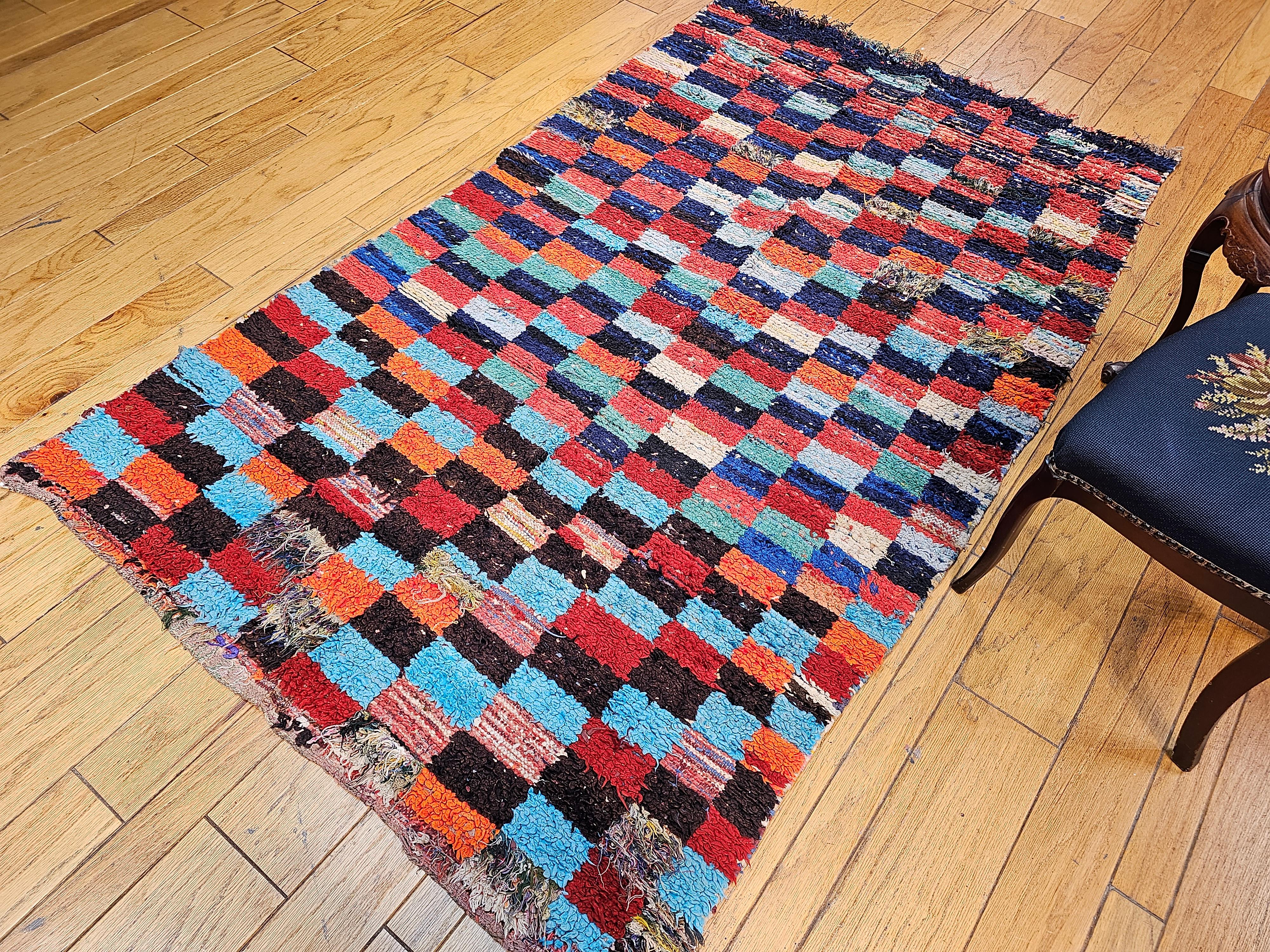 20th Century Vintage Handwoven Moroccan Boucherouite Shag Rug in Checkered Pattern in Blue For Sale