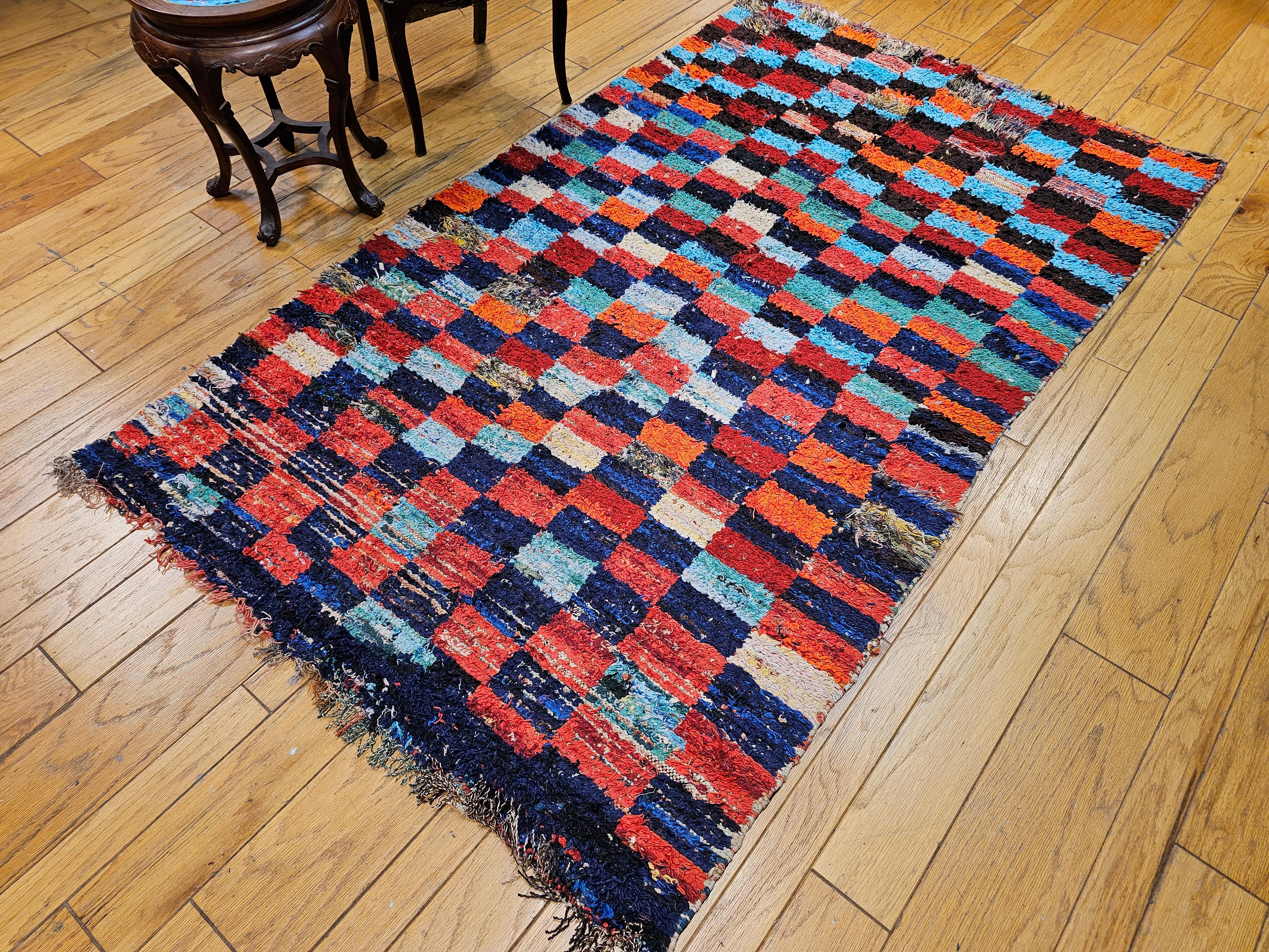Vintage Handwoven Moroccan Boucherouite Shag Rug in Checkered Pattern in Blue For Sale 2