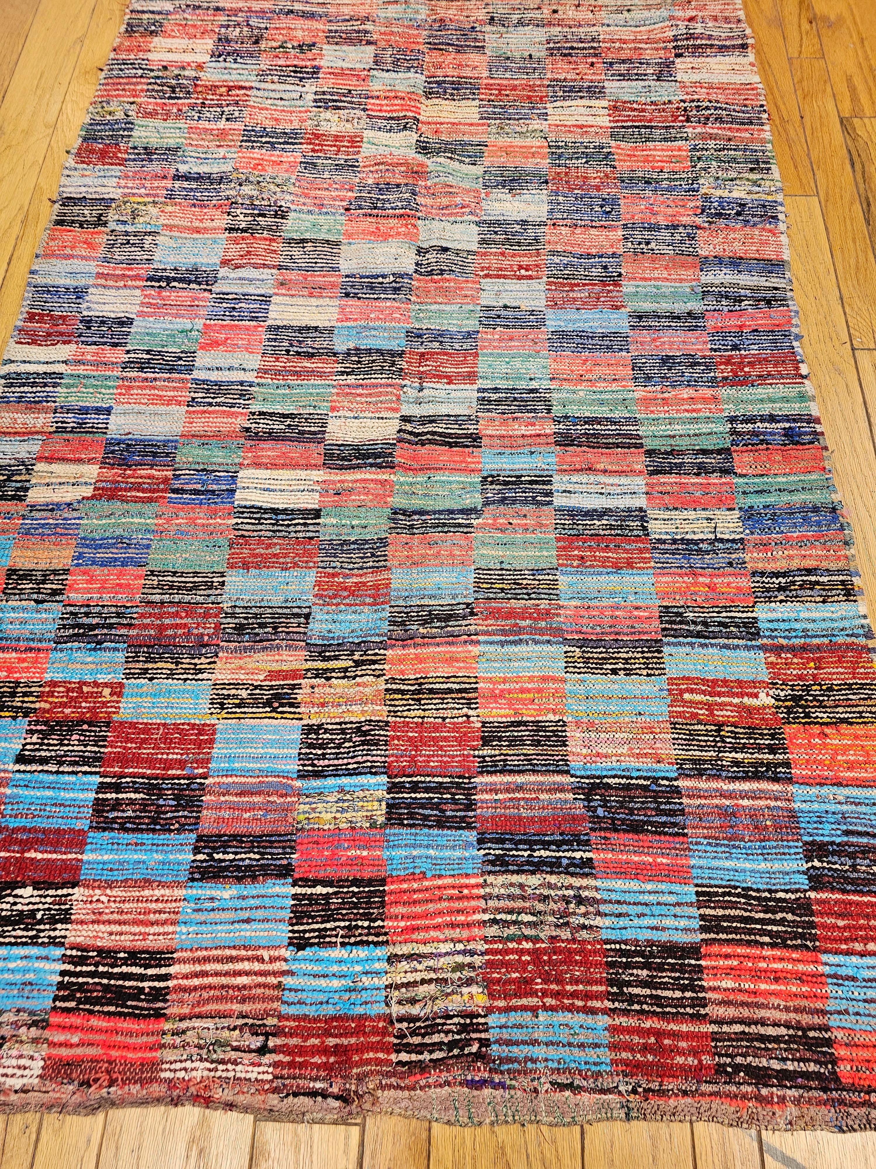 Vintage Handwoven Moroccan Boucherouite Shag Rug in Checkered Pattern in Blue For Sale 3