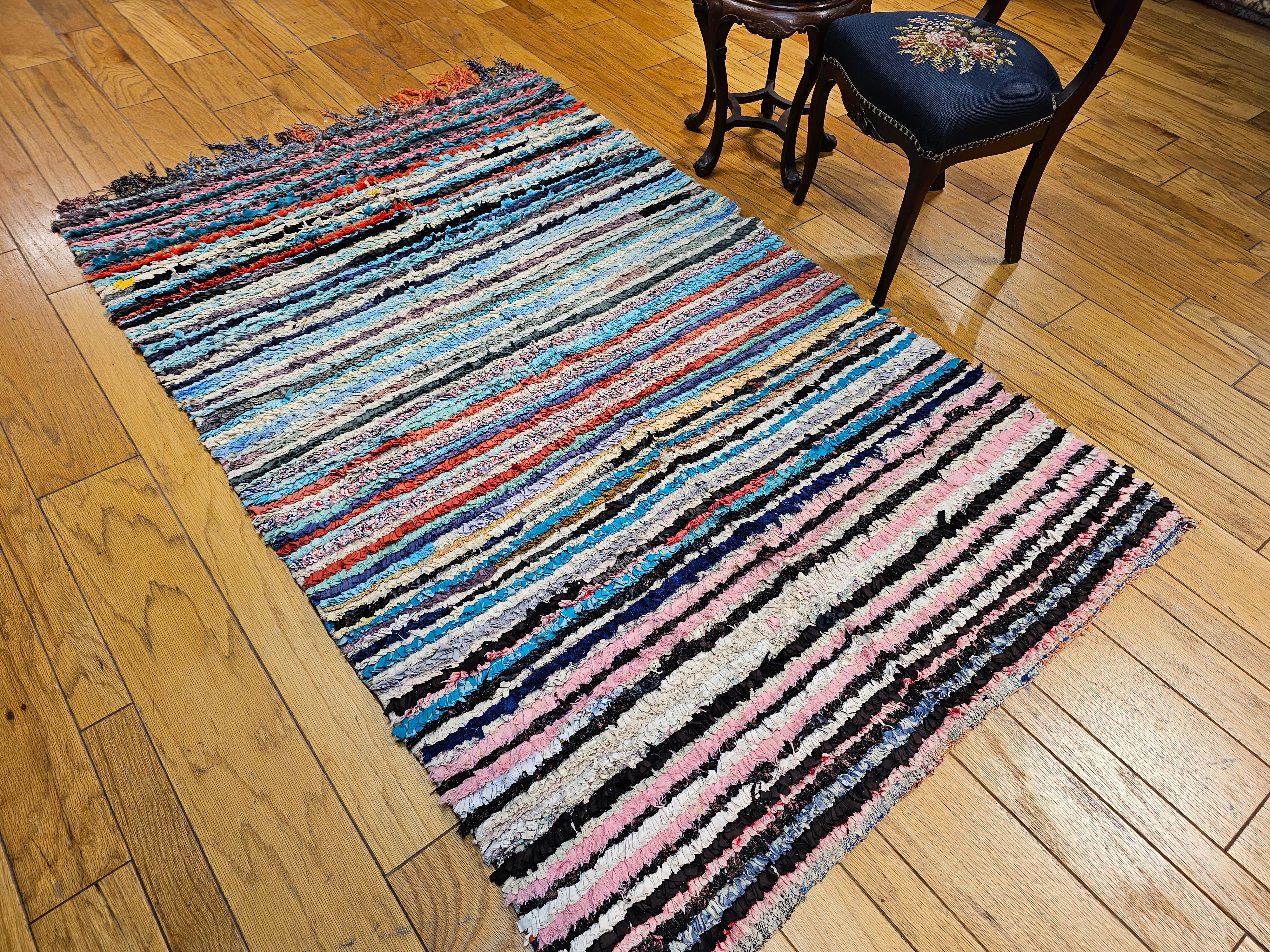 Hand-Knotted Vintage Handwoven Moroccan Boucherouite Shag Rug in Stripe Pattern For Sale