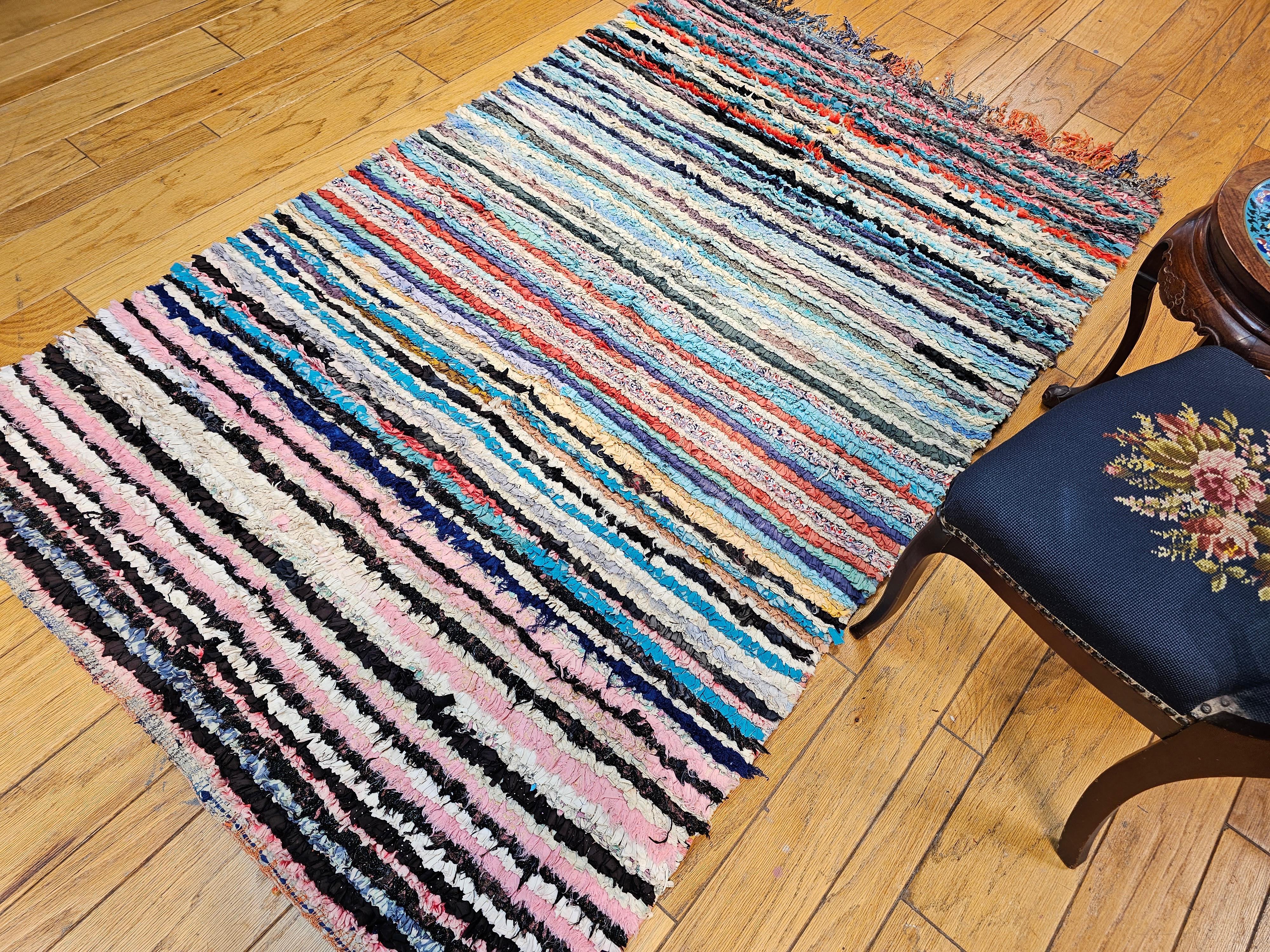 Vintage Handwoven Moroccan Boucherouite Shag Rug in Stripe Pattern In Good Condition For Sale In Barrington, IL