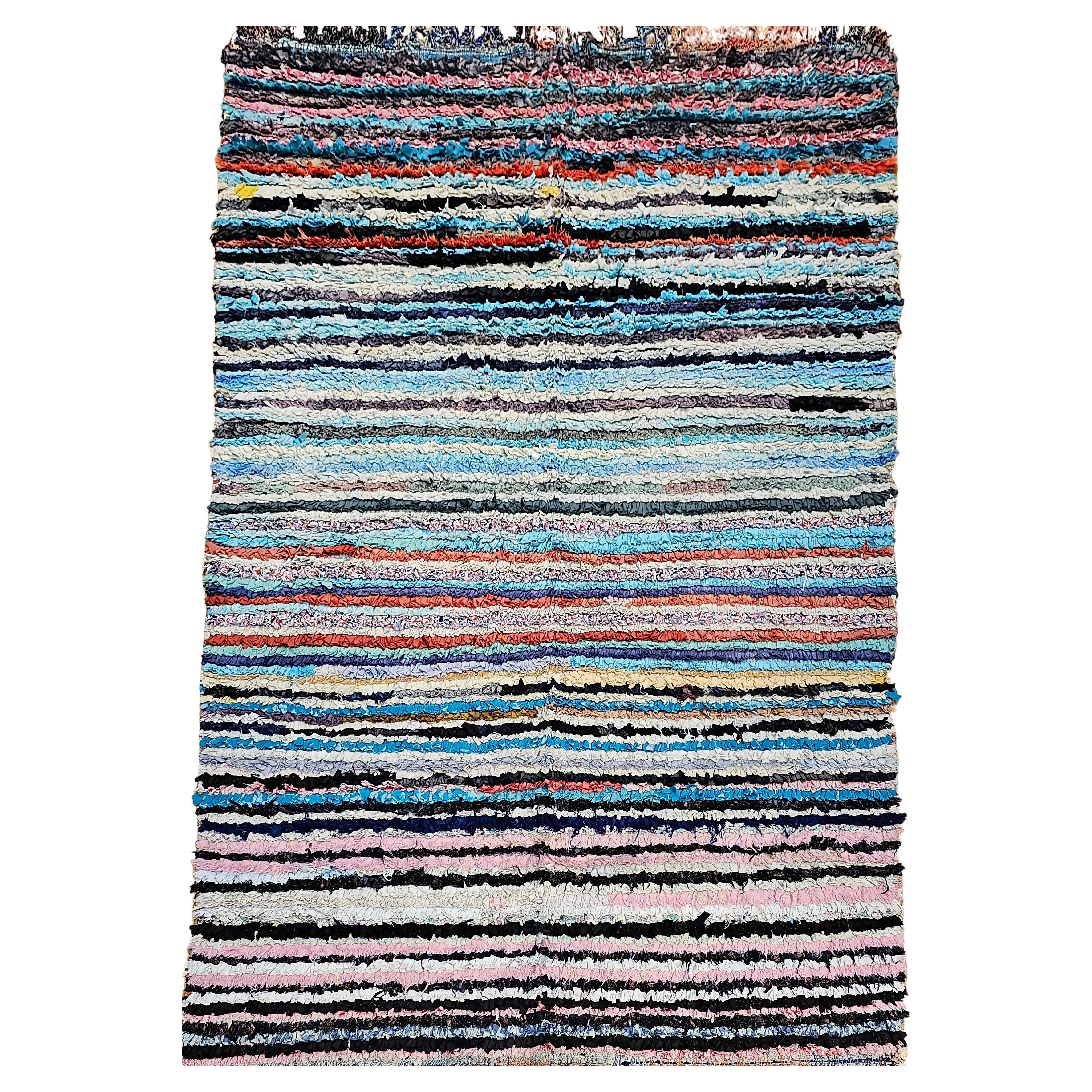 Vintage Handwoven Moroccan Boucherouite Shag Rug in Stripe Pattern For Sale