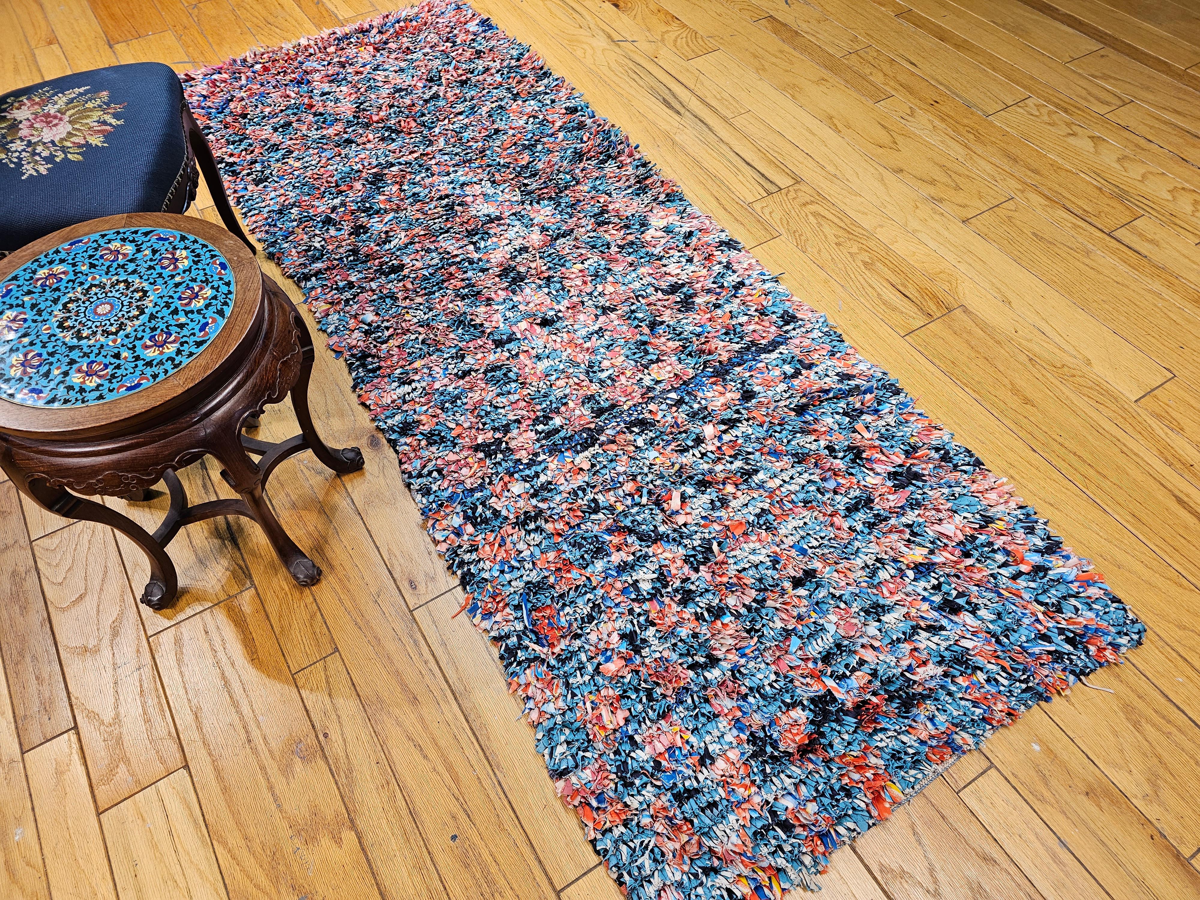 Vintage Handwoven Moroccan Boucherouite Shag Runner In Abstract Pattern in Blue For Sale 4