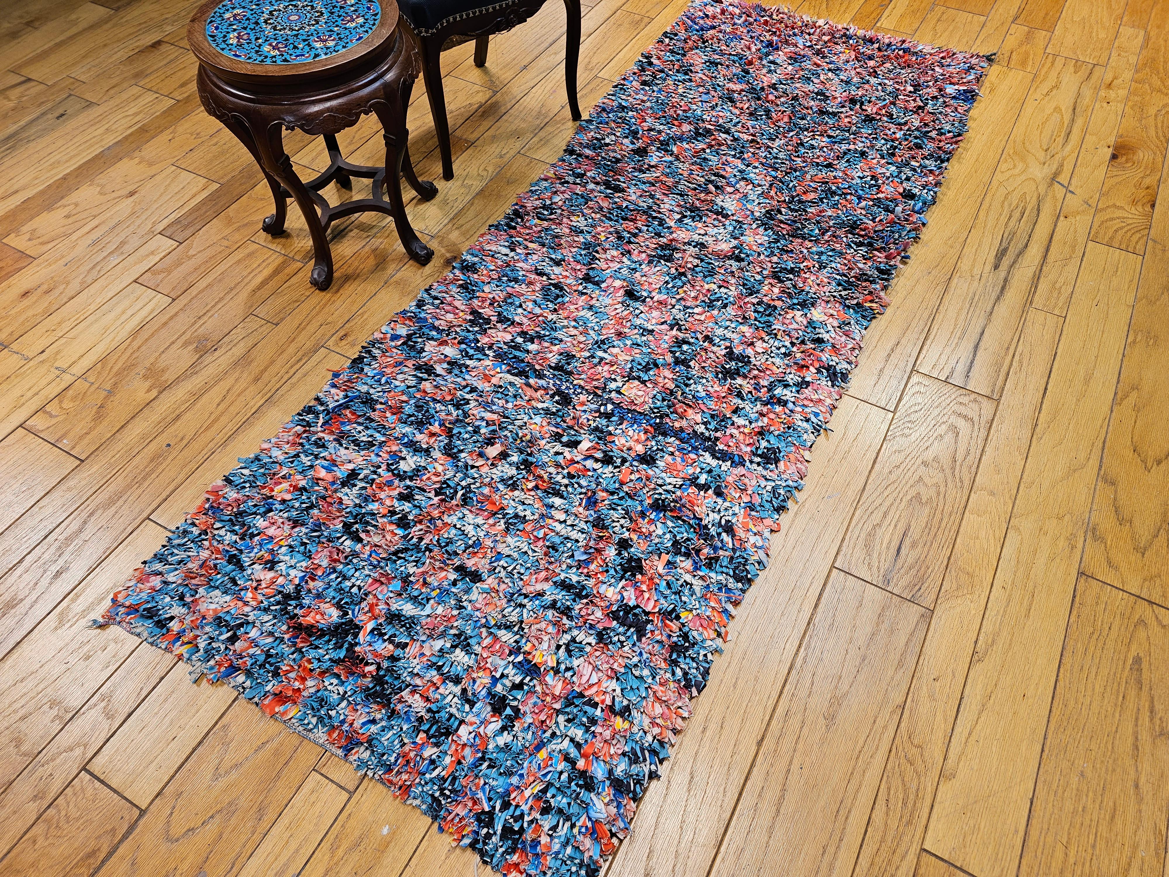 Vintage Handwoven Moroccan Boucherouite Shag Runner In Abstract Pattern in Blue For Sale 5
