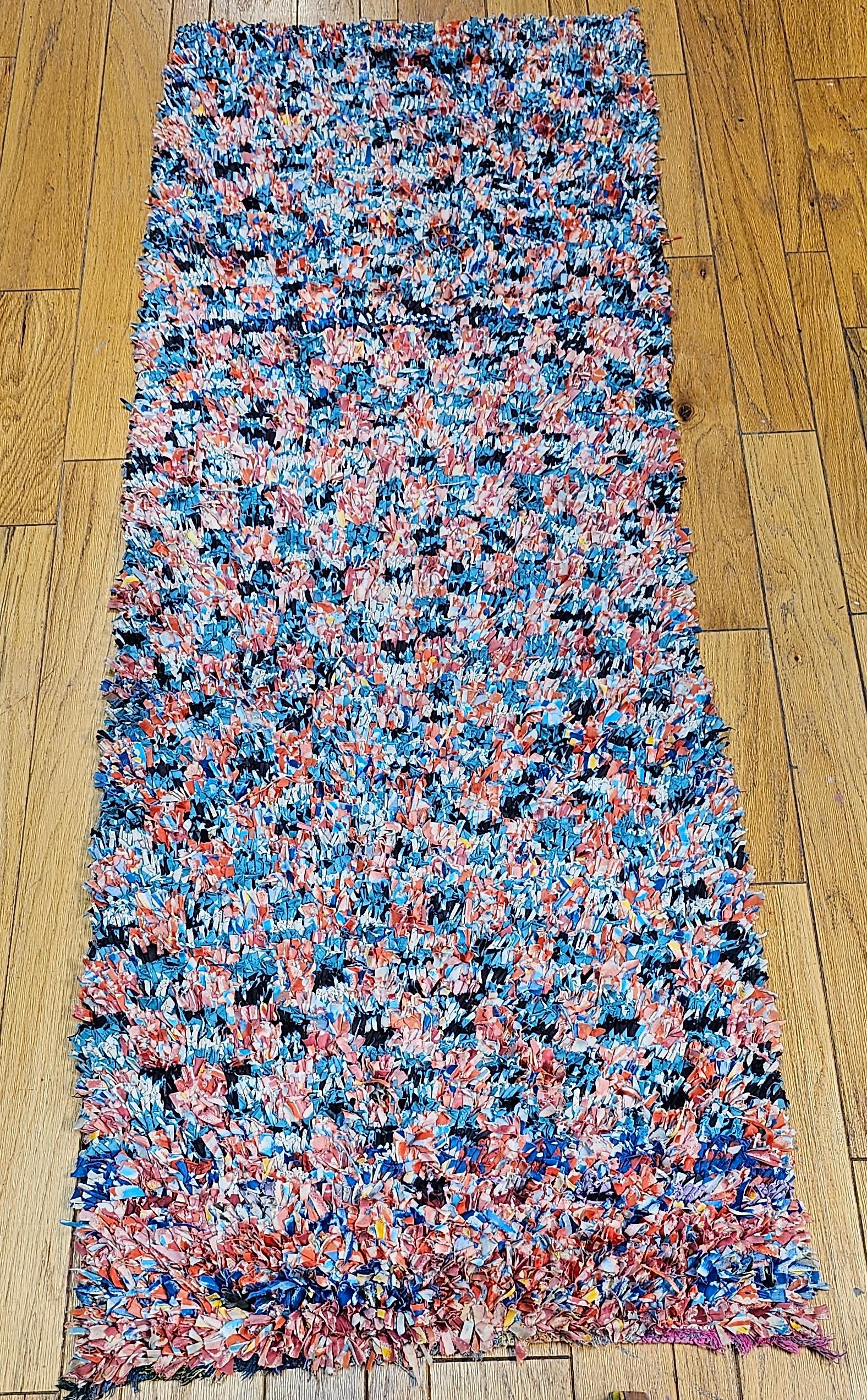 Hand-Knotted Vintage Handwoven Moroccan Boucherouite Shag Runner In Abstract Pattern in Blue For Sale